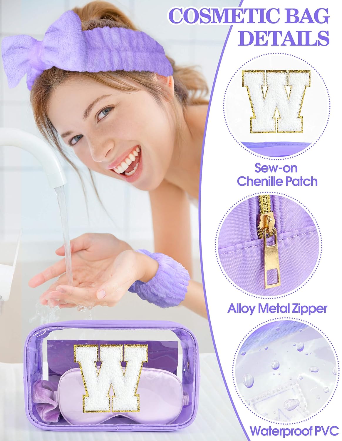 Gift Sets for Women, Initial Makeup Bag with Makeup Brush Set Bachelorette Party Favors, Purple Spa Kit with Skincare Headbands Wrist Bands Sleepover Party Supplies Gifts for Teen Girls Bridesmaid W