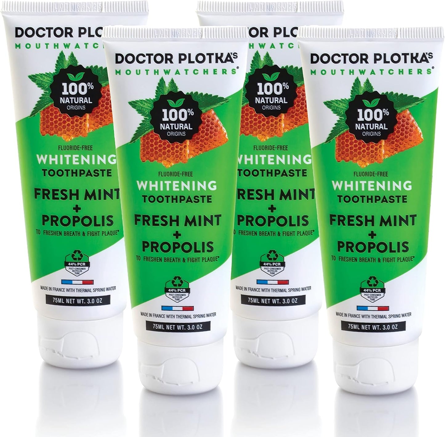 MOUTHWATCHERS Whitening Fluoride Free Naturally Sourced Toothpaste, 4 Tubes, 3 oz Each, for Sensitive Teeth and Gums, Organic, SLS Free, Fresh Organic Mint and Propolis, by Dr. Plotka's