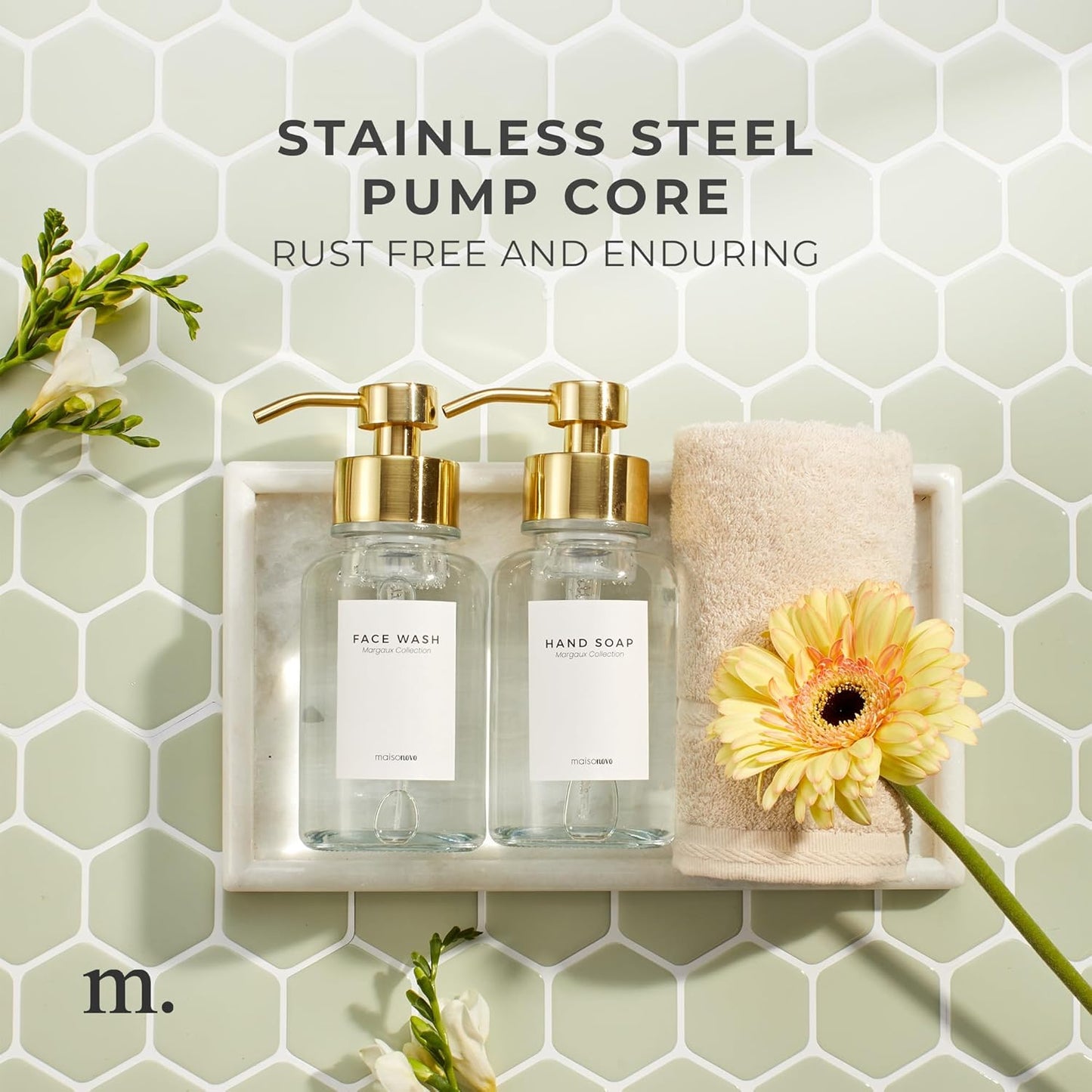 MaisoNovo Glass Foaming Soap Dispenser | Clear Glass Gold Pumps x 2