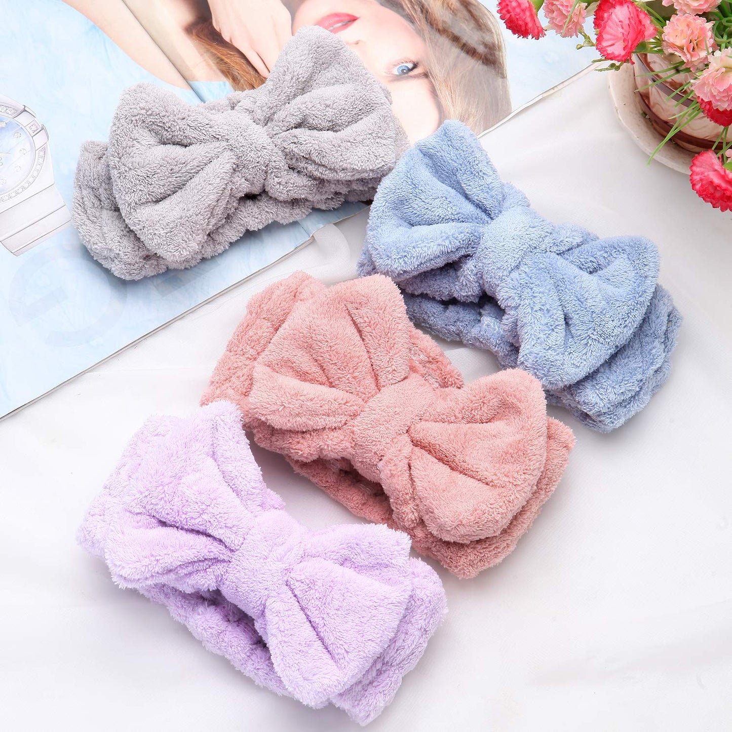 4 Pack Makeup Spa Headband Microfiber Bow Towel Soft Fluffy Washing Face Headband for Women Girls Shower Bath Skincare (Pink, Light Blue, Purple, Gray)