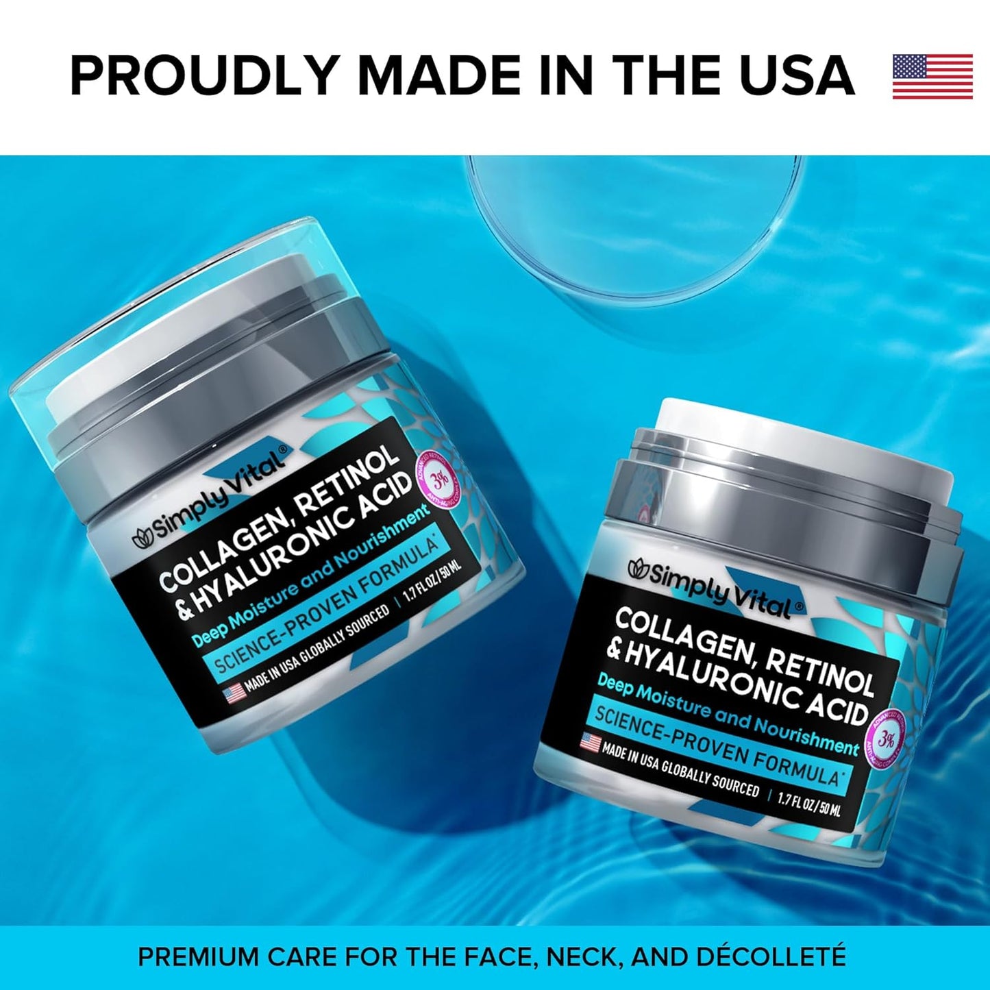 SimplyVital Anti-Aging Collagen Retinol Cream for Face, Neck & Décolleté with Hyaluronic Acid - Made in USA, Daily Collagen, Retinol & Hyaluronic Acid Cream, 2-Pack