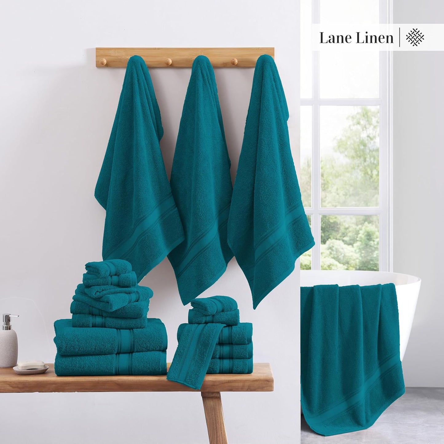 Lane Linen 100% Cotton Luxury Bathroom Towel Set - 18 Pcs - Zero Twist, Quick Dry, Super Soft & Highly Absorbent - 6 Bath Towels, 6 Washcloths, 6 Hand Towels - Tumble Dry regains Fluffiness - Sea Port