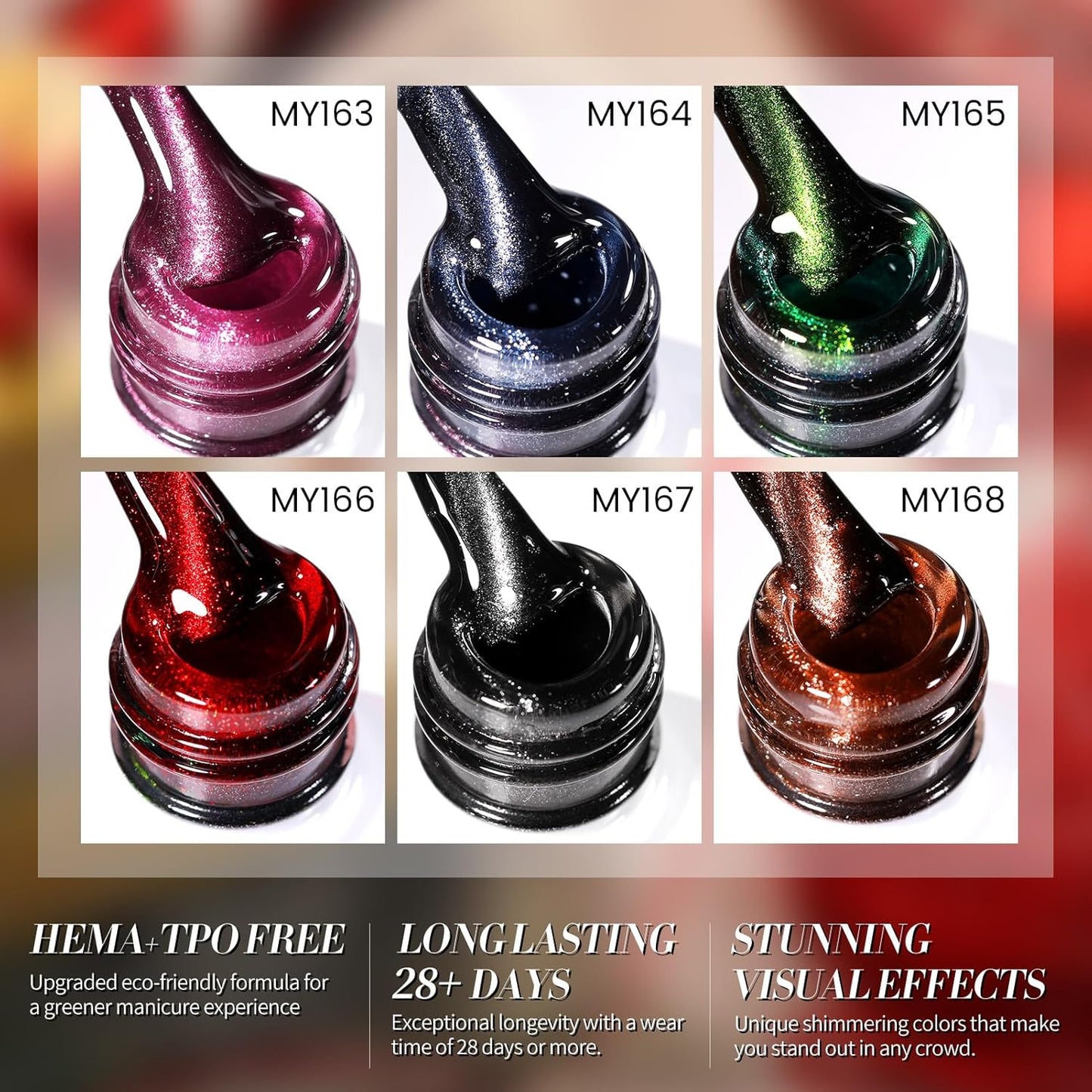 Born Pretty 6 Colors Christmas Cat Magnetic Eye Gel Nail Polish Set,Fall Winter Red Green Brown Black Blue Shimmer Glitter Holographic Magnetic Soak Off U V Nail Gel DIY Art for Girls Women 7ML