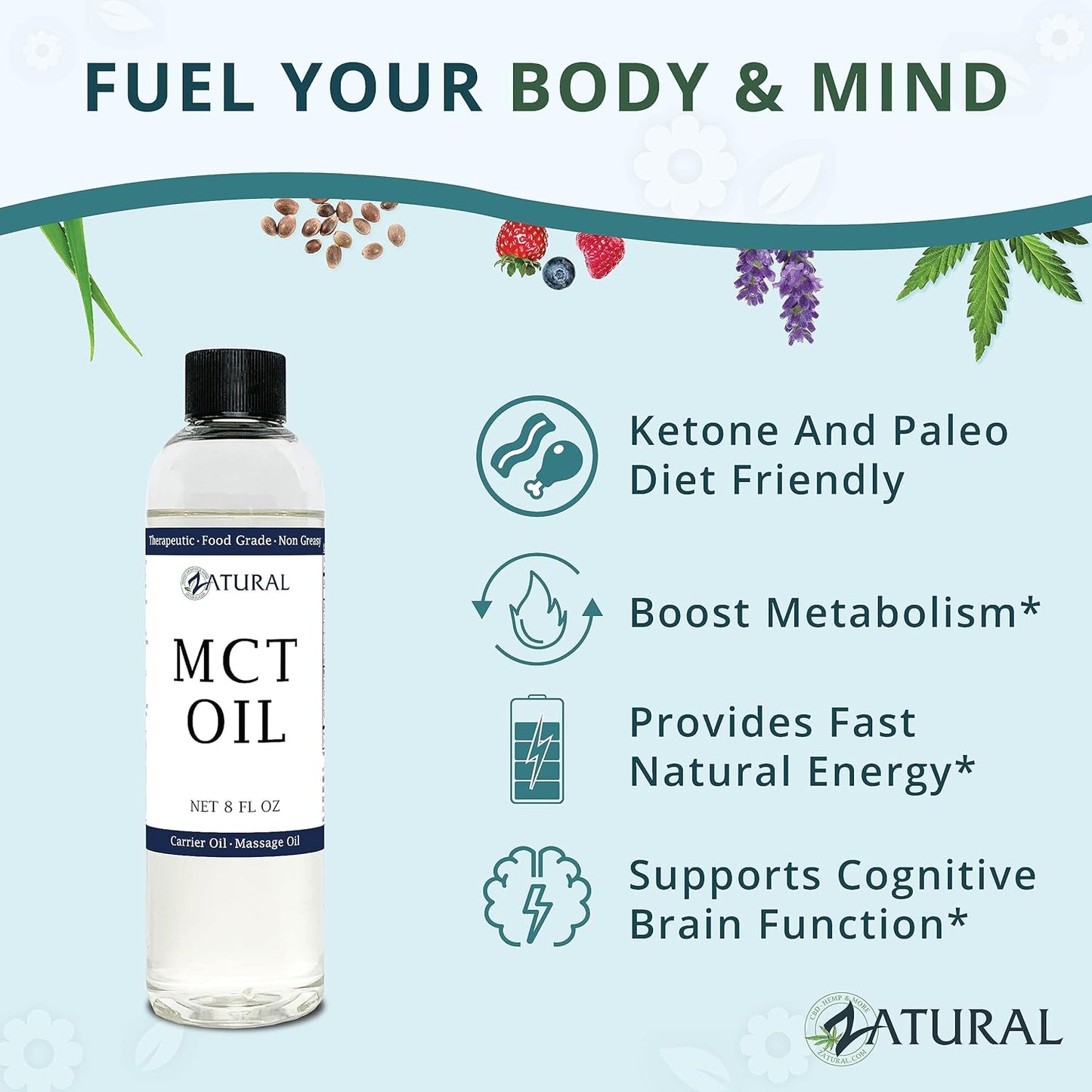 Pure MCT Oil, Carrier Oil, Massage Oil, Hydrating Oil, Hair Oil, Food and Therapeutic Grade, 8 Oz