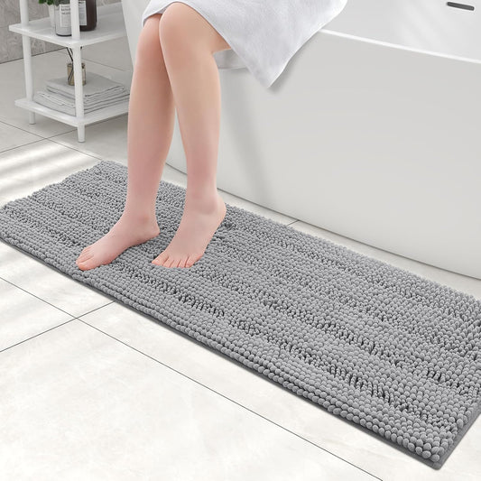 Grandaily Chenille Striped Bathroom Rugs 47x17, Extra Thick and Absorbent Bath Mats, Non-Slip Soft Plush Shaggy Shower Carpet, Machine Wash Dry, Bath Rug for Bathroom, Dark Gray