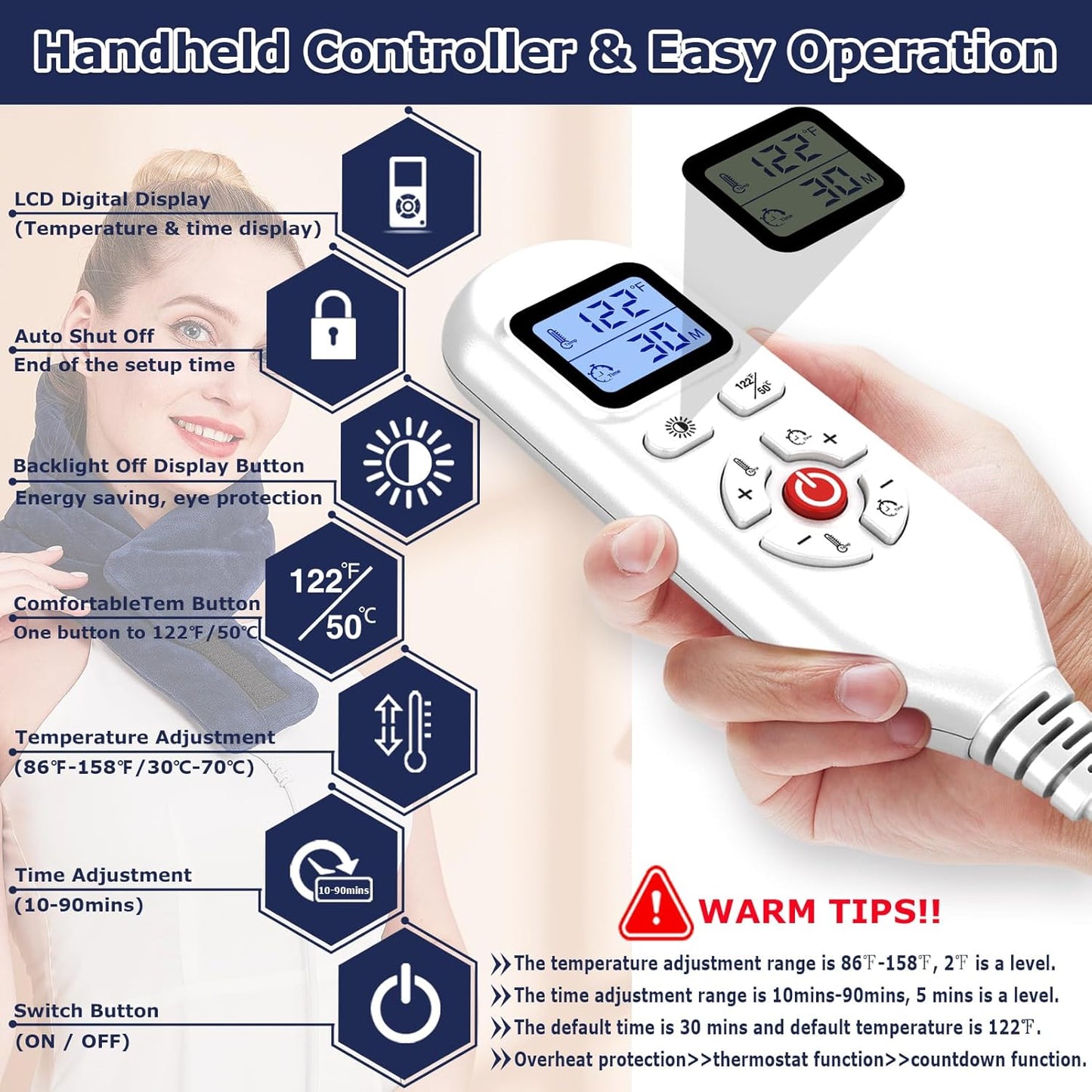 CAMECO Electric Neck Heating Pad for Pain Relief, 30s Heating Heated Neck Wrap Warmer for Soreness Stiffness, 86℉-158℉ Temp Setting, 90min Auto Shut-Off Timer, Gifts for Women