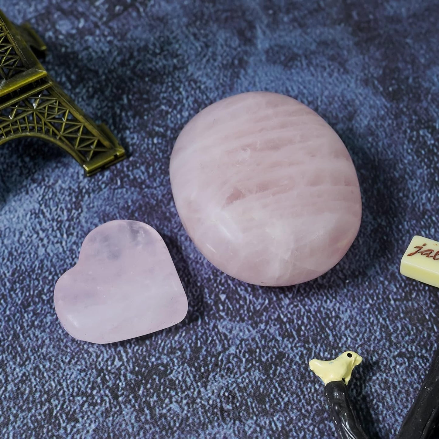 Crocon Rose Quartz Palm Stone (40 mm) & 1 Heart Stone feng Shui Healing Meditation Balance Chakra Reiki Charged Lovely Gift for her him Paperweight Centerpieces with Gift Box for Men Women.