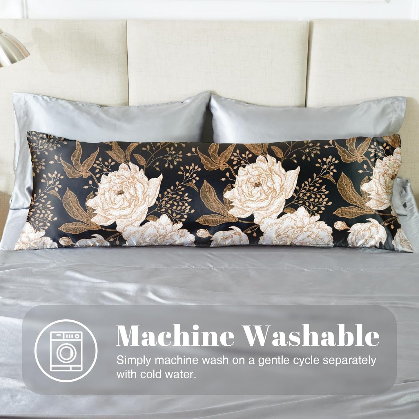 EXQ Home Satin Pillowcase for Hair and Skin Queen - Peony Printed Silk Pillowcase 20x54 inches - Body Satin Pillow Cases with Envelope Closure, Gifts for Women