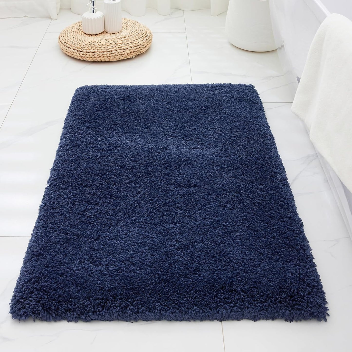 ILANGO Navy Blue Bathroom Rugs 36" × 24" Non Slip & Super Absorbent Extra Thick Soft, Washable Bath Mat for Floor, Microfiber Plush Shaggy Bath Rug with Rubber for Bathtub Shower Room Sink