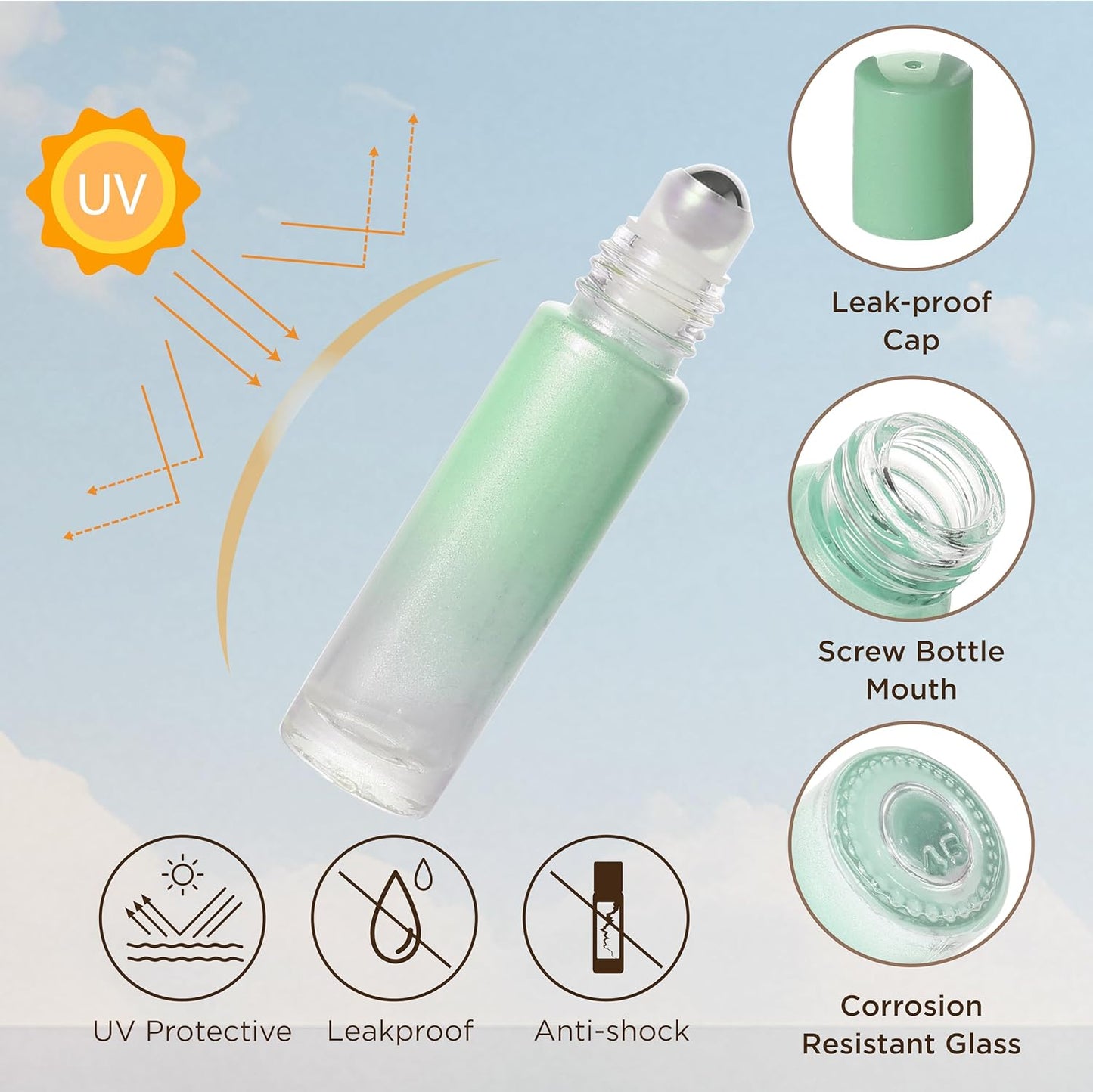 Essential Oil Roller Bottles, 10ml Thick Glass Perfume Roller Bottles with Funnel Opener and Dropper Colored Glass Empty Bottles with Stainless Steel Roller Balls (Green, 4 Pack)