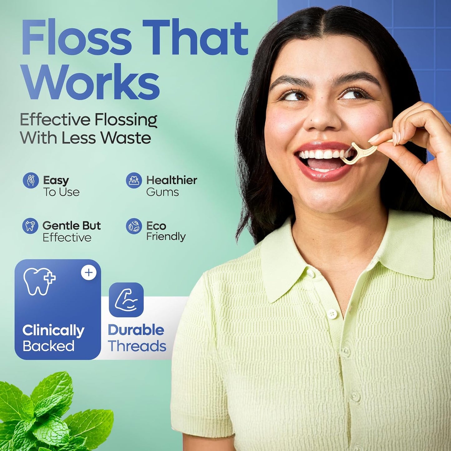 SmartLifeco Eco-Friendly Dual-Thread Dental Floss Picks (200ct) - Flossers Made with Straw Wheat Blend, Superior Anti-Shred for Tight Gaps, Tooth Pick Stick for Adults, Soft on Gum & Teeth, Mint
