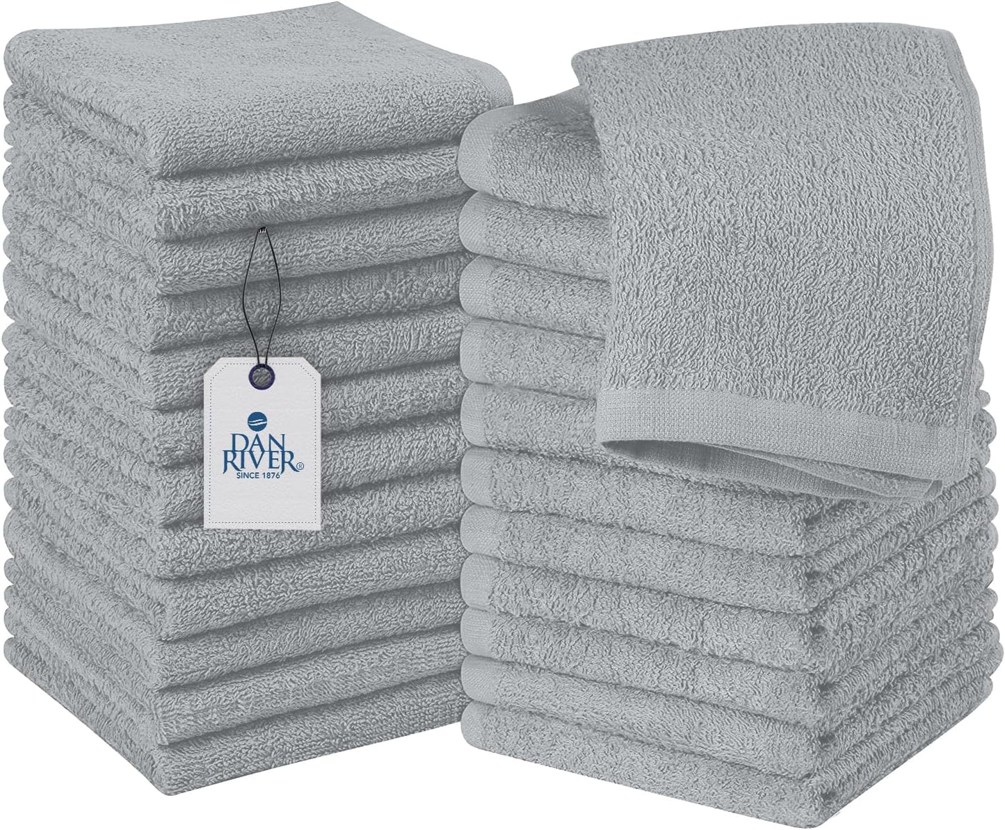 DAN RIVER 100% Cotton Wash Cloths 24 Pack [12x12] Soft & Absorbent Terry Cloth washcloths, Gym, Hotels & Spa Perfect for Everyday Use Fingertip Towels, Silver
