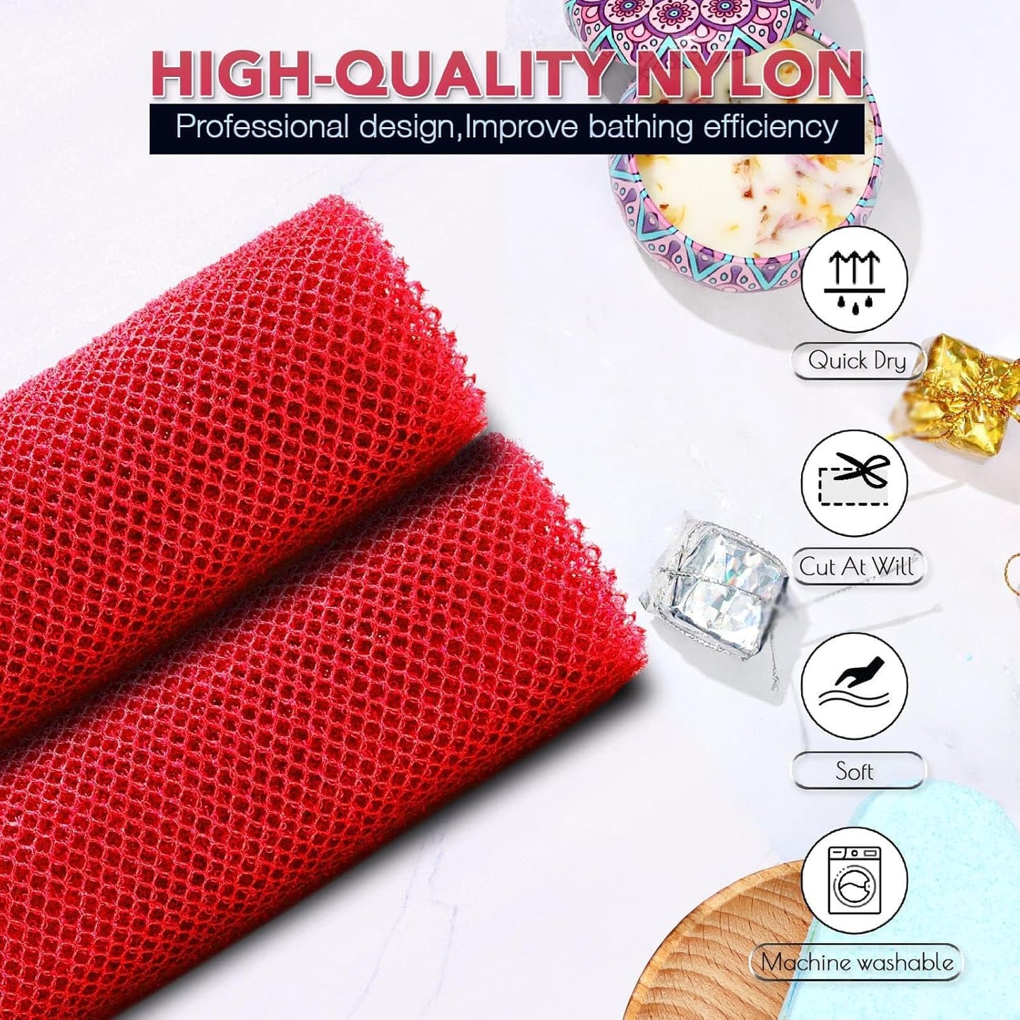 UJFQBH 2 Pieces African Bath Sponge African Net Long Net Bath Sponge Exfoliating Shower Body Scrubber Back Scrubber Skin Smoother,Great for Daily Use (Red)