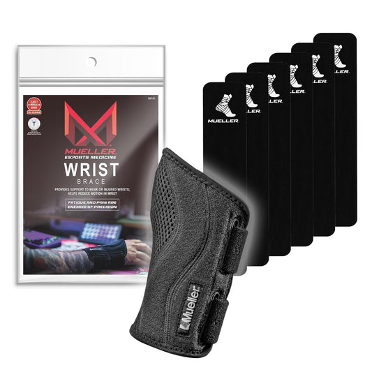 MUELLER Esports Medicine Fitted Wrist Brace for Men and Women, Wrist Pain Relief Support, 6 KTape Strips Included, Ideal for Gamer's Carpal Tunnel, Tendonitis, Arthritis, Right Hand, Black, One Size