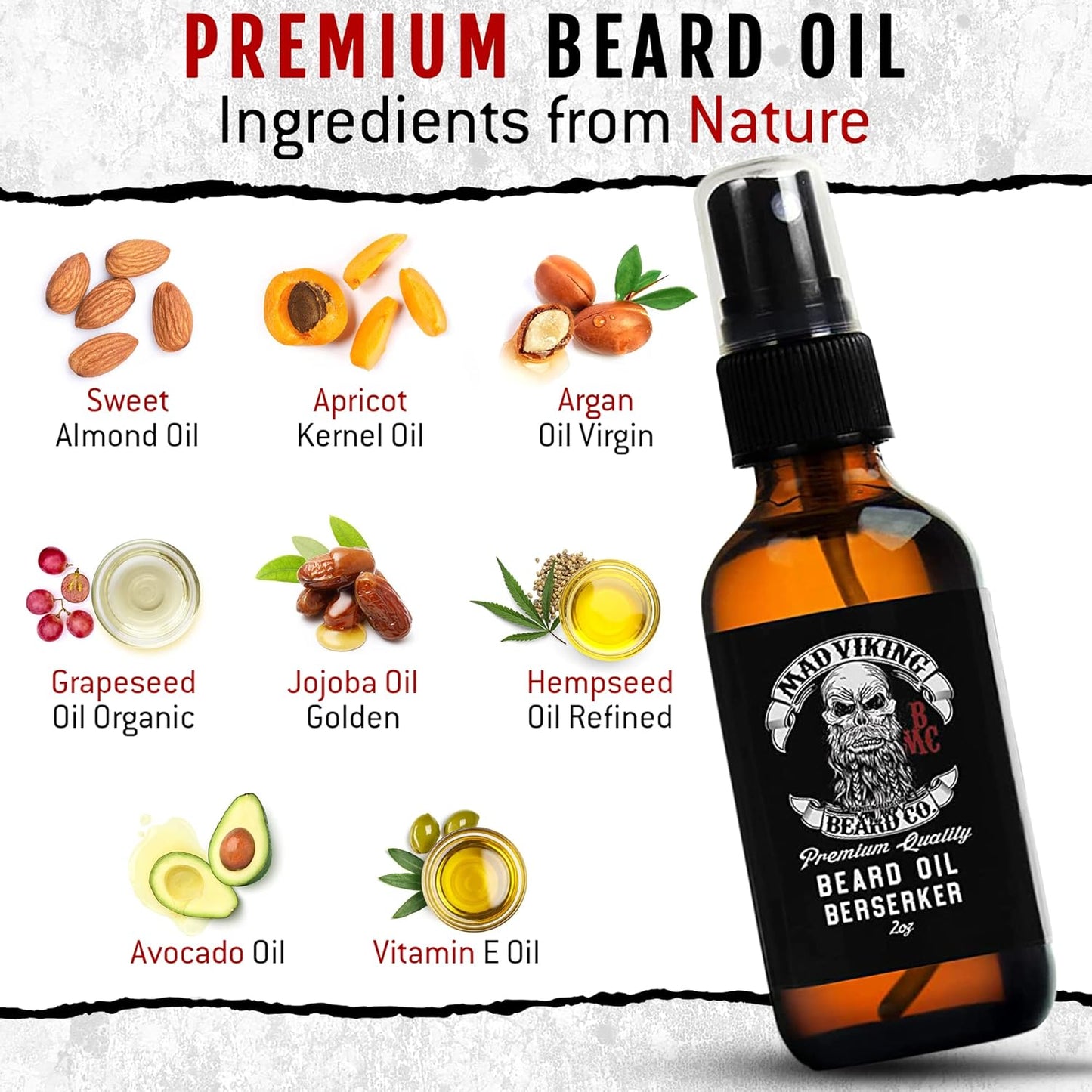 Mad Viking Valhalla Beard Oil - Hydrate, Soften And Grow Your Beard Naturally. Fight Itch And Dandruff With A Smooth Sandalwood & Vanilla Scent, Made In The USA - 2oz