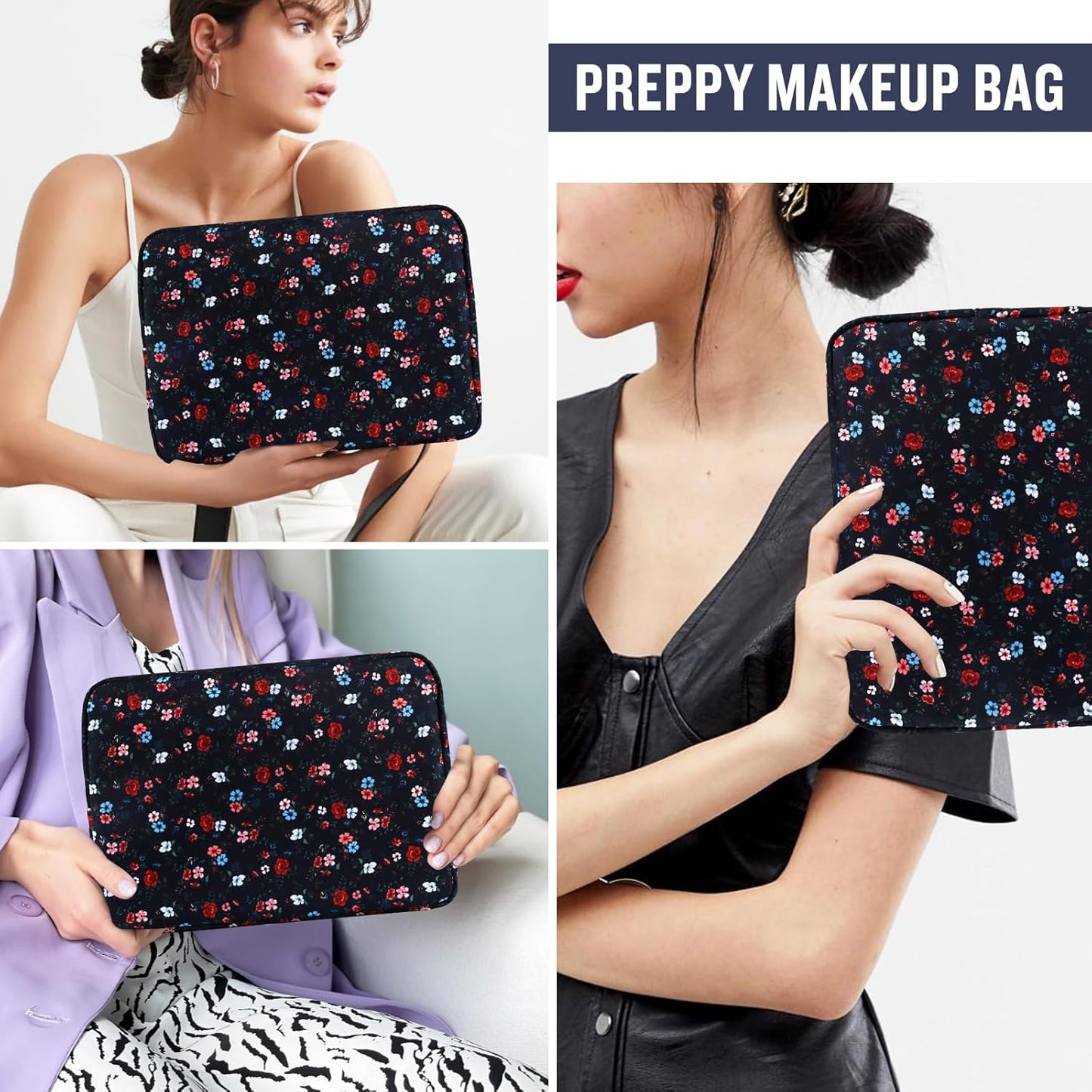 Nylon Large Floral Makeup Organizer Bag, Preppy Big Cute Flower Cosmetic Zipper Pouch Multi-compartment with Dividers, Waterproof Toiletry Makeup Brushes Travel Essentials for Women(Navy Blue-Flower)