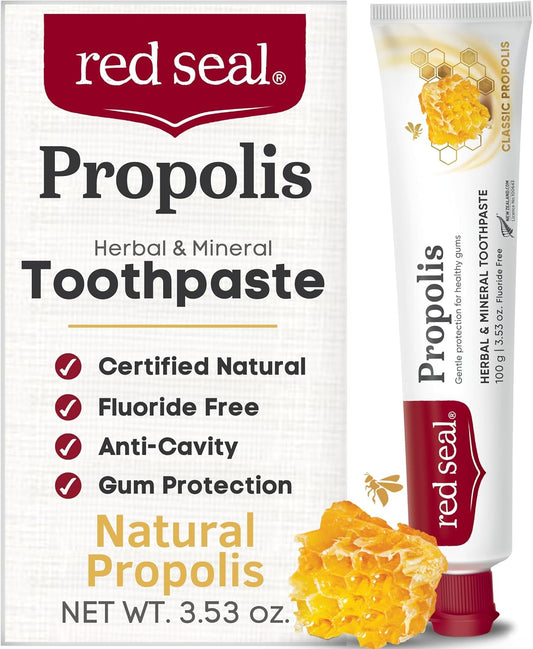 Red Seal Propolis Herbal & Mineral Natural Toothpaste - Mild Mint - Fluoride Free, Organic Toothpaste, NATRUE Certified Natural - Natural Gum Health, No Artificial Flavors, Cruelty-Free, 3.53 oz