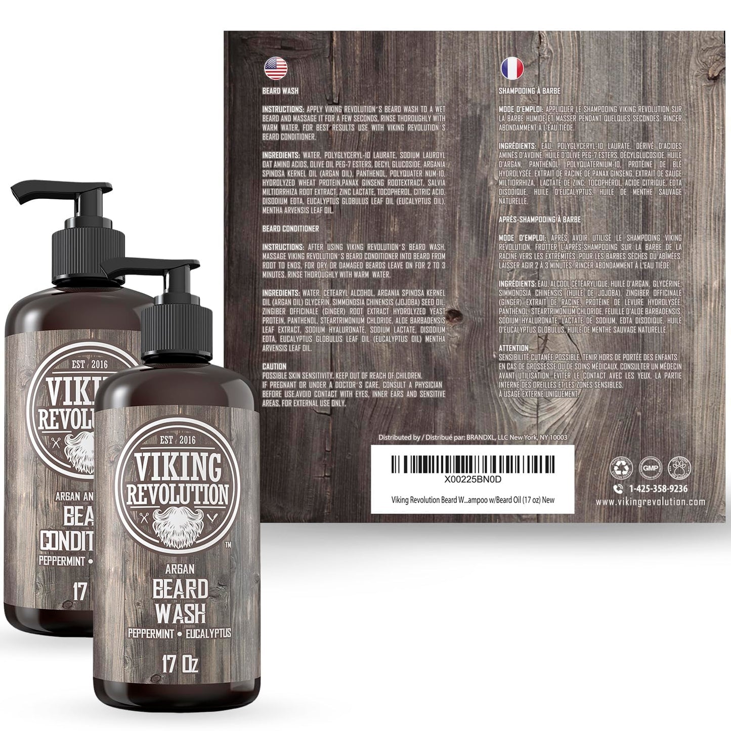 Viking Revolution Beard Wash & Conditioner Set w/Argan & Jojoba Oils – Softens, Smooths & Strengthens Beard Growth - Natural Peppermint and Eucalyptus Scent - Shampoo (17 oz)