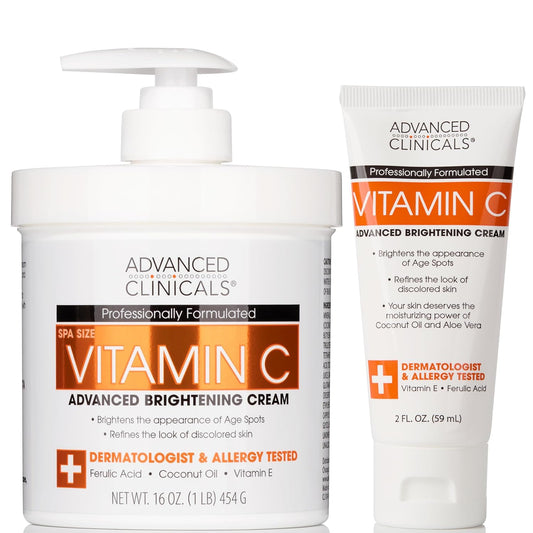 Advanced Clinicals Vitamin C Cream Visibly Brightening Body Lotion | Vitamin C Moisturizer Skin Care Body Cream For Women & Men Visibly Improves Look Of Dark Spots & Uneven Skin Tone, W/Travel Size