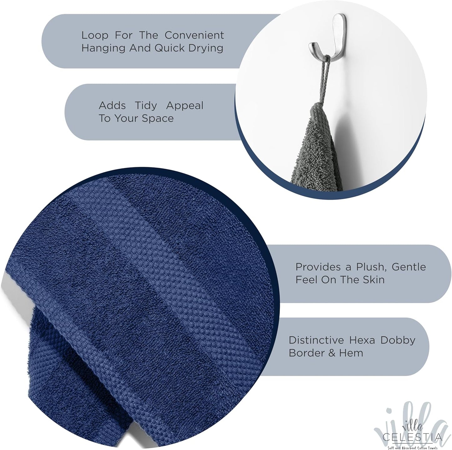 100% Cotton Bath Towel Set of 24-6 Bath Towels, 6 Hand Towels, 12 Wash Cloths, Sustainable, Soft, Highly Absorbent, Combed Cotton 24 Piece Set for Hotels, Spa, Bathroom, Dorm, Navy Blue