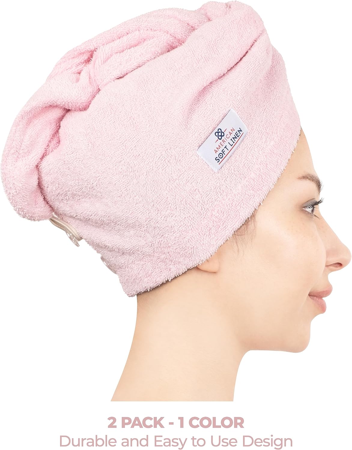 American Soft Linen 100% Cotton Hair Towels for Women, Head Towel Cap, Cotton Hair Turban Towel Wrap for Long Curly Anti Frizz Hair, Soft and Absorbent Cotton Hair Towels 2 Pack, Pink