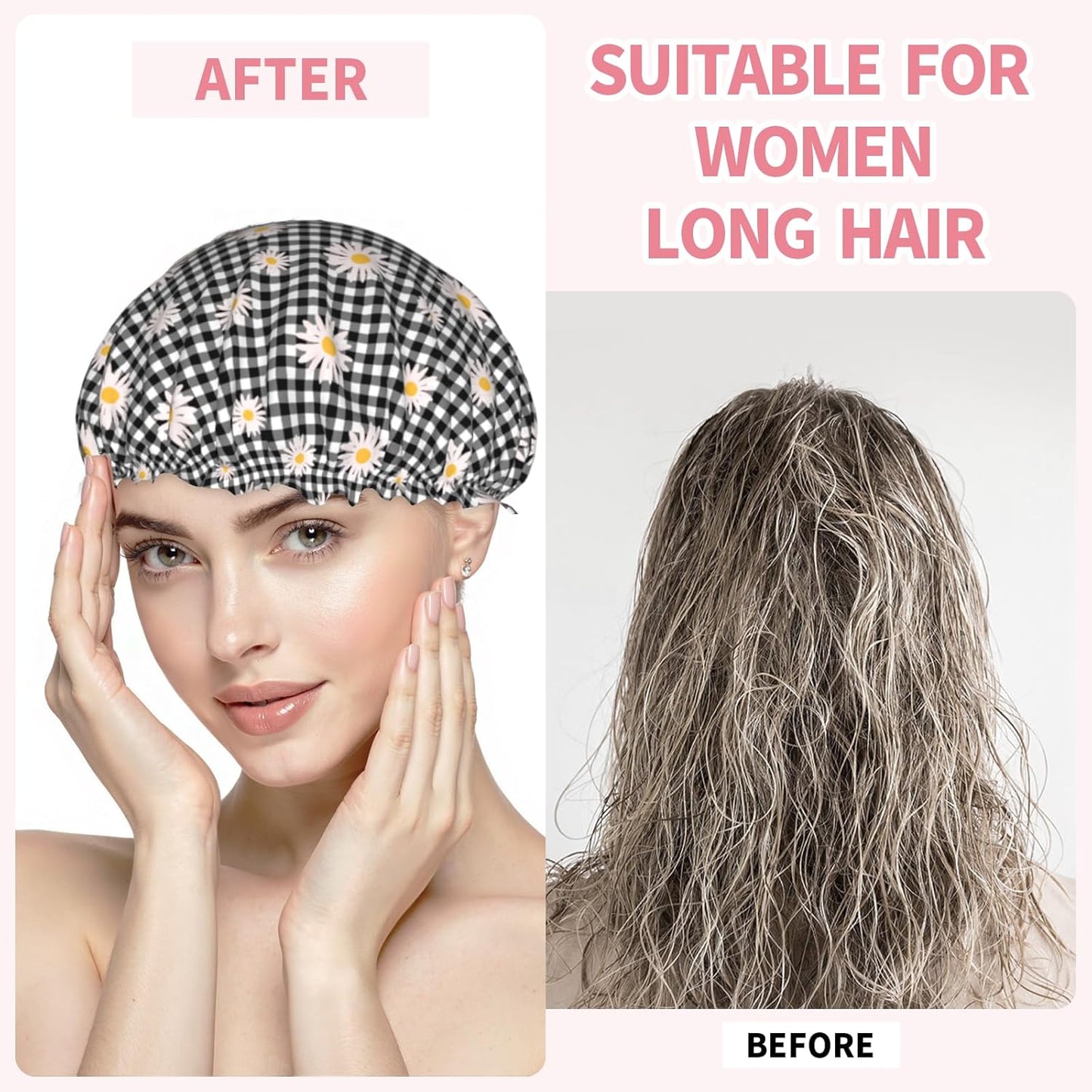 Daisy Shower Caps Black Checkered Dual-Layer Waterproof Bath Hat Flower Reusable Hair Caps Elastic Hair Hat for Shower Cooking Clean Makeup Travel