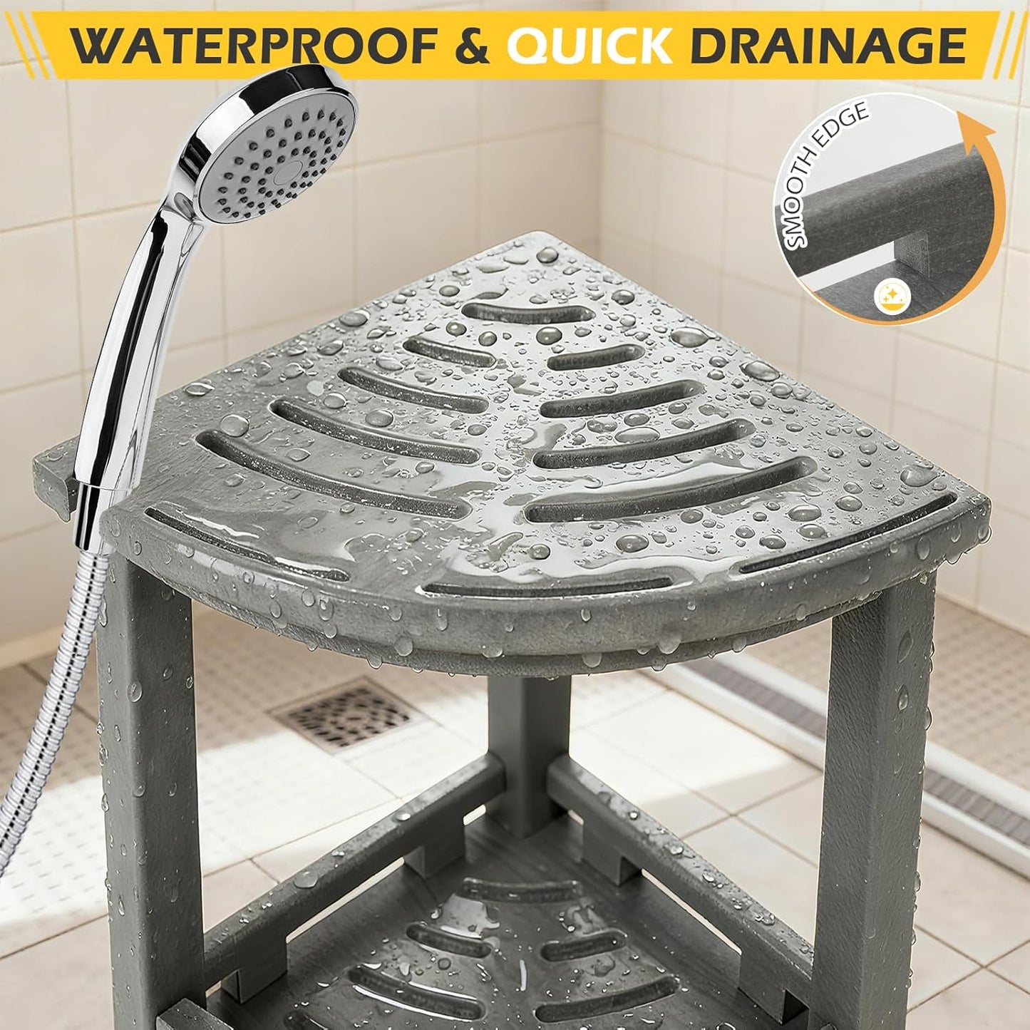 HDPE Corner Shower Stool for Shaving Legs, Waterproof Shower Stool with Storage Shelf for Bathroom,Grey