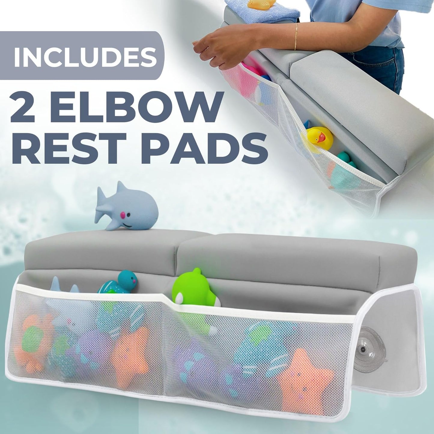 Comfortable Baby Bath Kneeler and Elbow Rest Pad Set – Thick Memory Foam Bath Kneeling Pad with Elbow Support – Baby Bathtub Cushion with Toy Organizer for Bathing Infant or Toddler - Grey