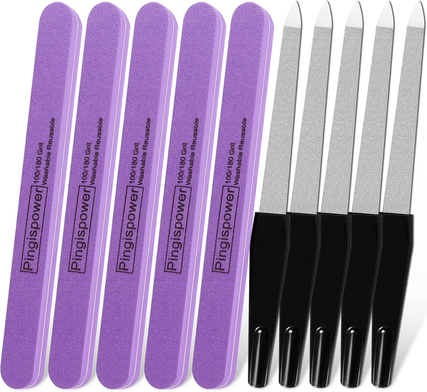 Nail File, 10PCS Professional Metal Nail Files and Buffers Block (100/180 Grit) for Natural Nails, Double Sided Washable & Reusable Manicure Kit for Women, Home & Salon Travel