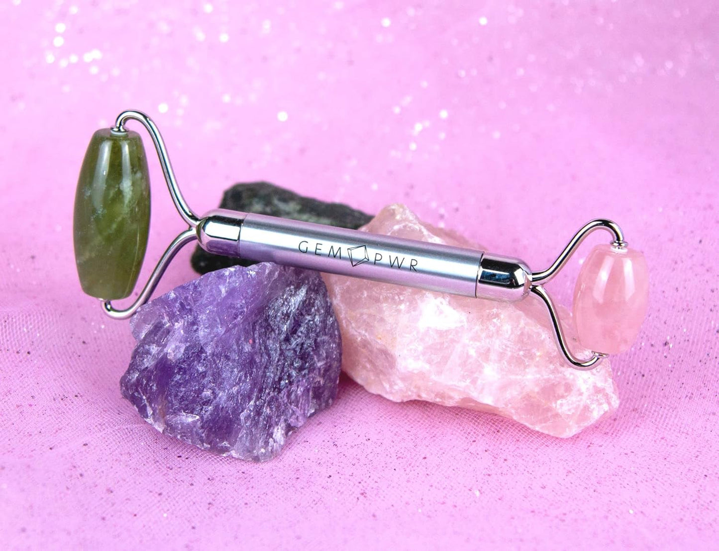 Rose Quartz + Jade Roller for Face and Neck Massage, Dual Gemstones with Durable Steel Handle and Travel Bag. Minimize Wrinkles, Reduce Puffiness and Restore Skin's Elasticity and Radiance
