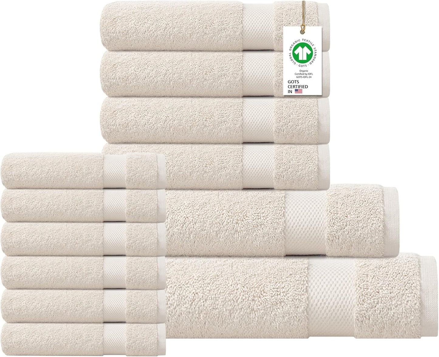 Delara 100% Organic Cotton Towels 650 GSM Plush Feather Touch Quick Dry Towel, 12-Piece Towel Set GOTS Certified, Oeko-Tex Green Certified, 1 Bath Towel, 1 Bath Sheet, 4 Hand Towels & 6 Wash Cloths