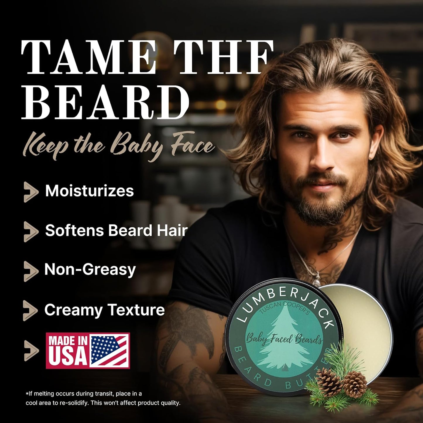 Tuscan Cooper's Baby Faced Beards Butter for Men - Moisturizing Beard Balm Cream and Softener for All Hair Types Including Coarse Hair - 4oz Hydration and Conditioning Care - Rawhide and Pear Scent