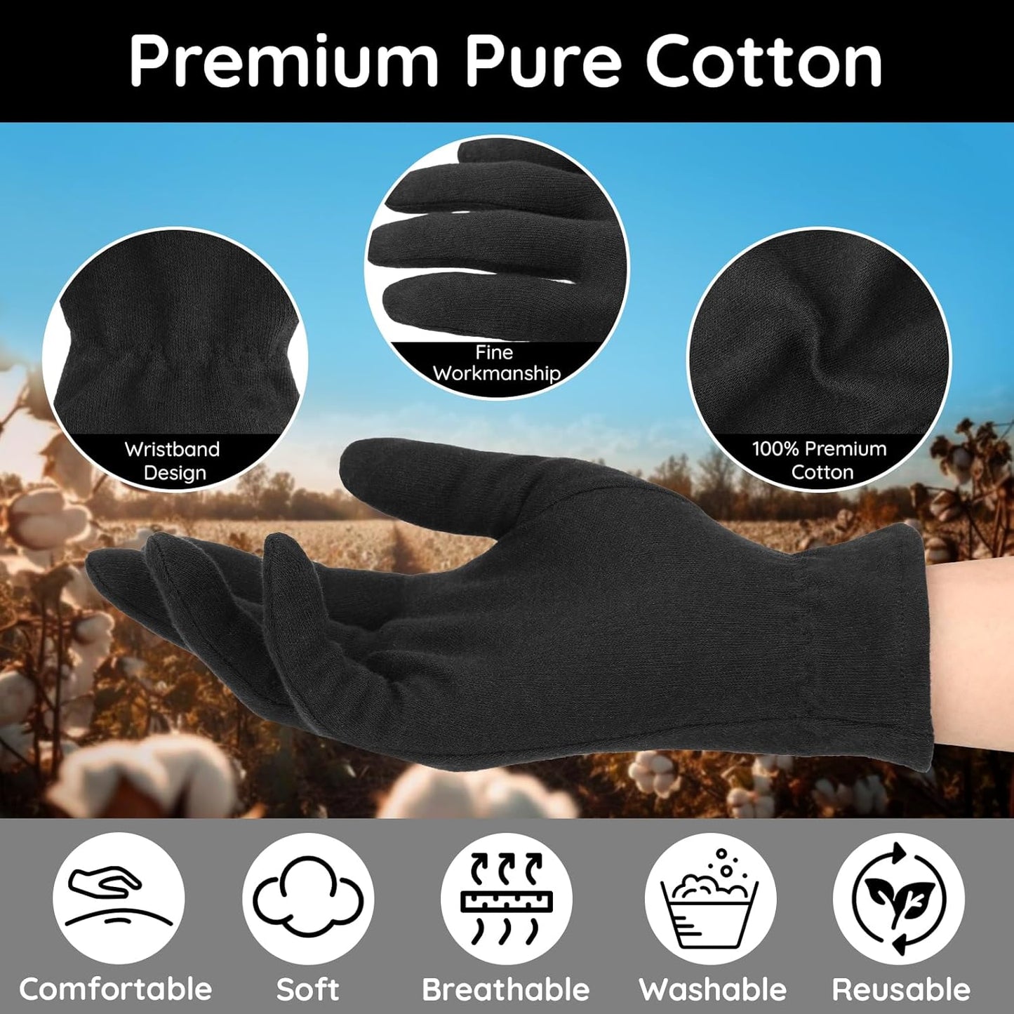 Segbeauty 8 Counts Black Cotton Gloves Overnight with Elastic Band, 4 Pairs Skin Lotion Moisturizing Hand Cotton Gloves for Men, at Home Spa Gel Moisture Glove for Working, Soft Sleep Lotion Glove
