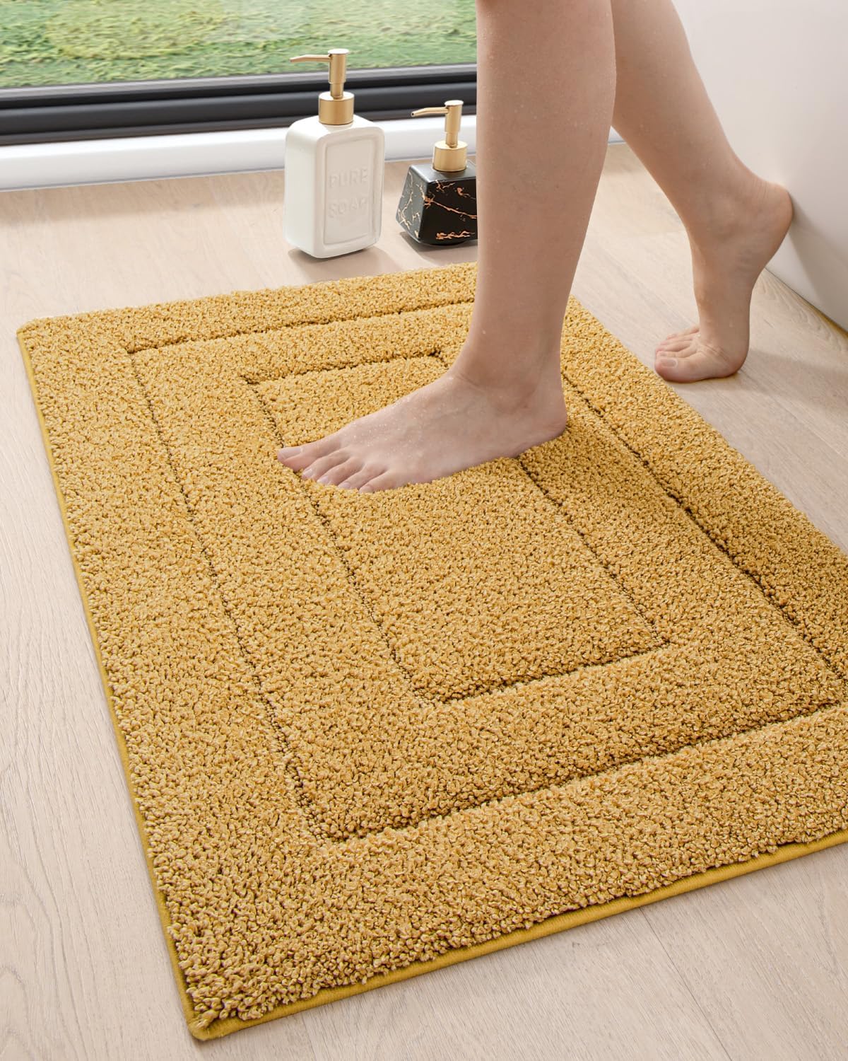 DEXI Bathroom Rug 32x20, Non Slip Washable Bath Mat for Shower Floor, Absorbent Soft Bathmat with Rubber Backing, Quick Dry Microfiber Carpet, Yellow