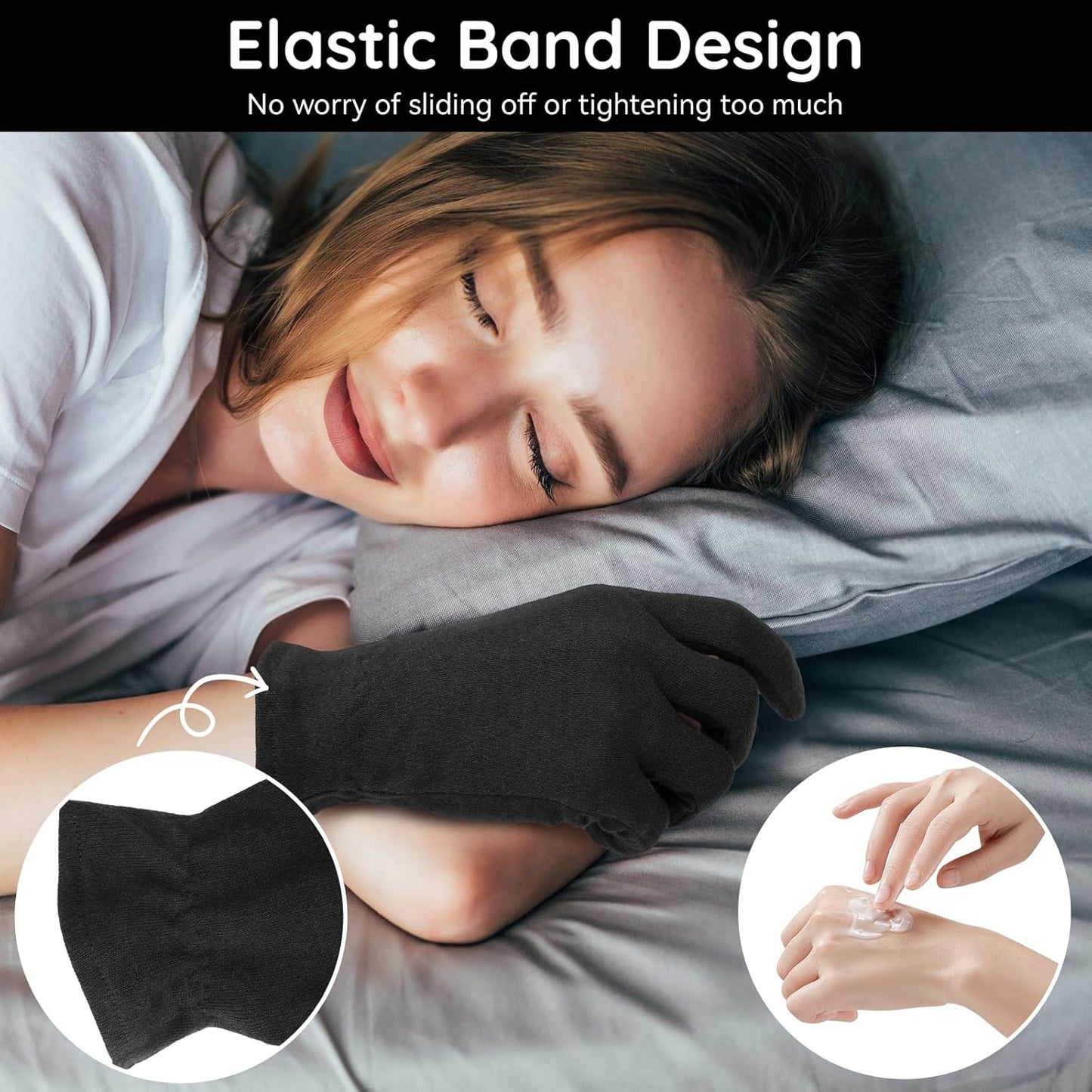 Segbeauty 8 Counts Black Cotton Gloves Overnight with Elastic Band, 4 Pairs Skin Lotion Moisturizing Hand Cotton Gloves for Men, at Home Spa Gel Moisture Glove for Working, Soft Sleep Lotion Glove