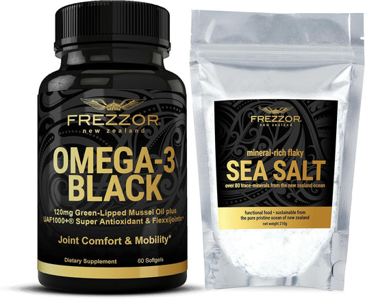 FREZZOR Omega 3 Black Green Lipped Mussel Oil, 53x Higher Potency for Superior Joint Comfort & Mobility, No Fishy Aftertaste, 1 Bottle, 60 Softgels Plus 1 Pouch of Flaky Sea Salt
