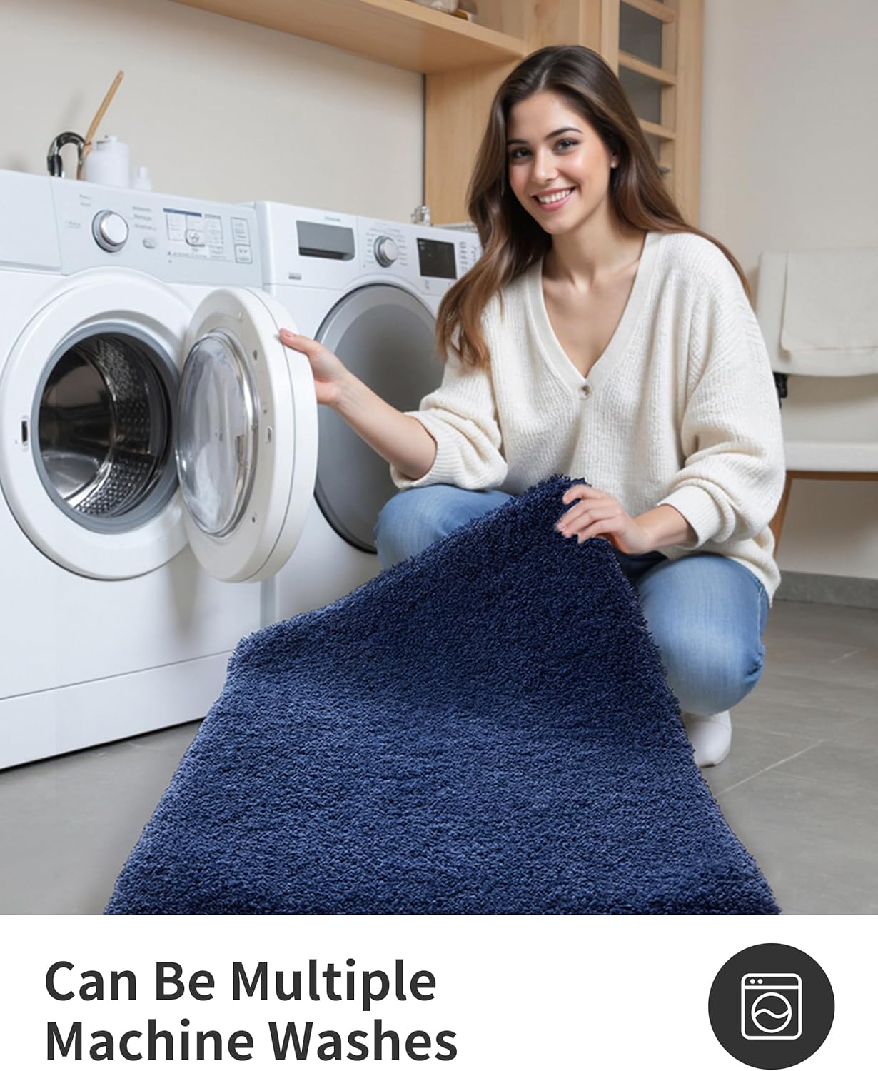 ILANGO Navy Blue Bathroom Rugs 24" × 17" Small Non Slip & Super Absorbent Extra Thick Soft, Washable Bath Mat for Floor, Microfiber Plush Shaggy Bath Rug with Rubber for Bathtub Shower Room Sink