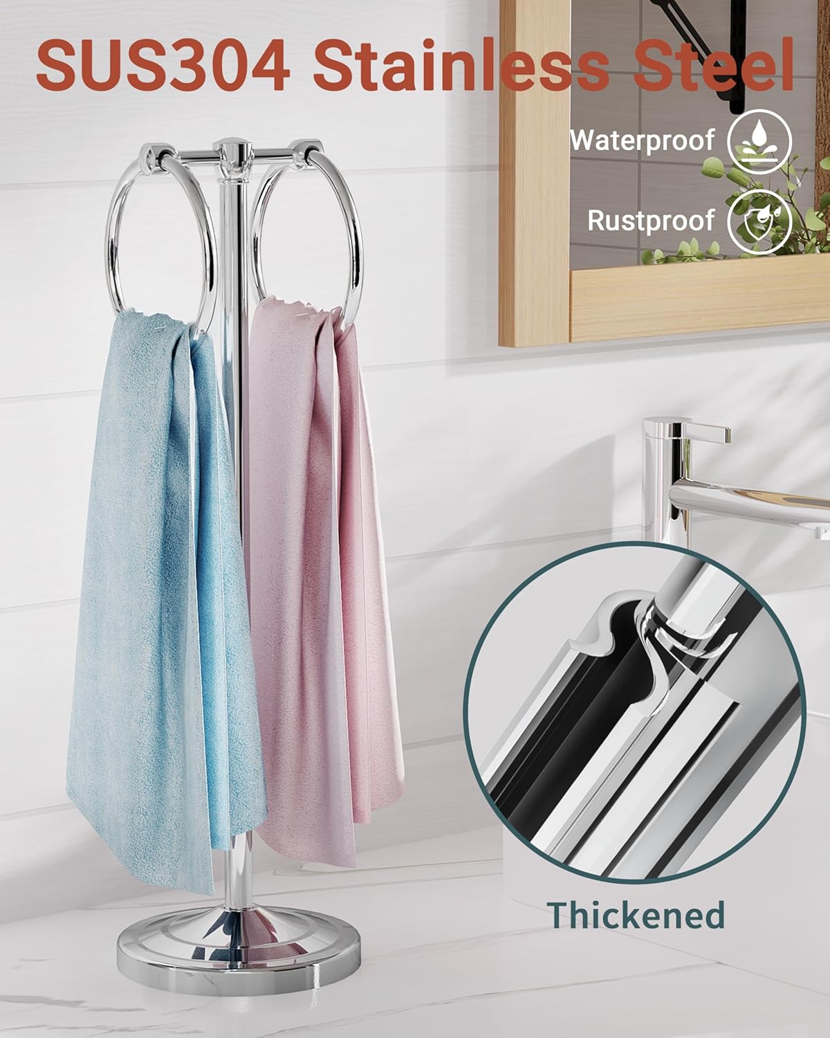 Hand Towel Holder Stand, SUS304 Stainless Steel Weighted Hand Towel Stand for Bathroom Kitchen Countertop Towel Stand with Double Stand Hand Towel Ring Total Height 18"(Chrome)