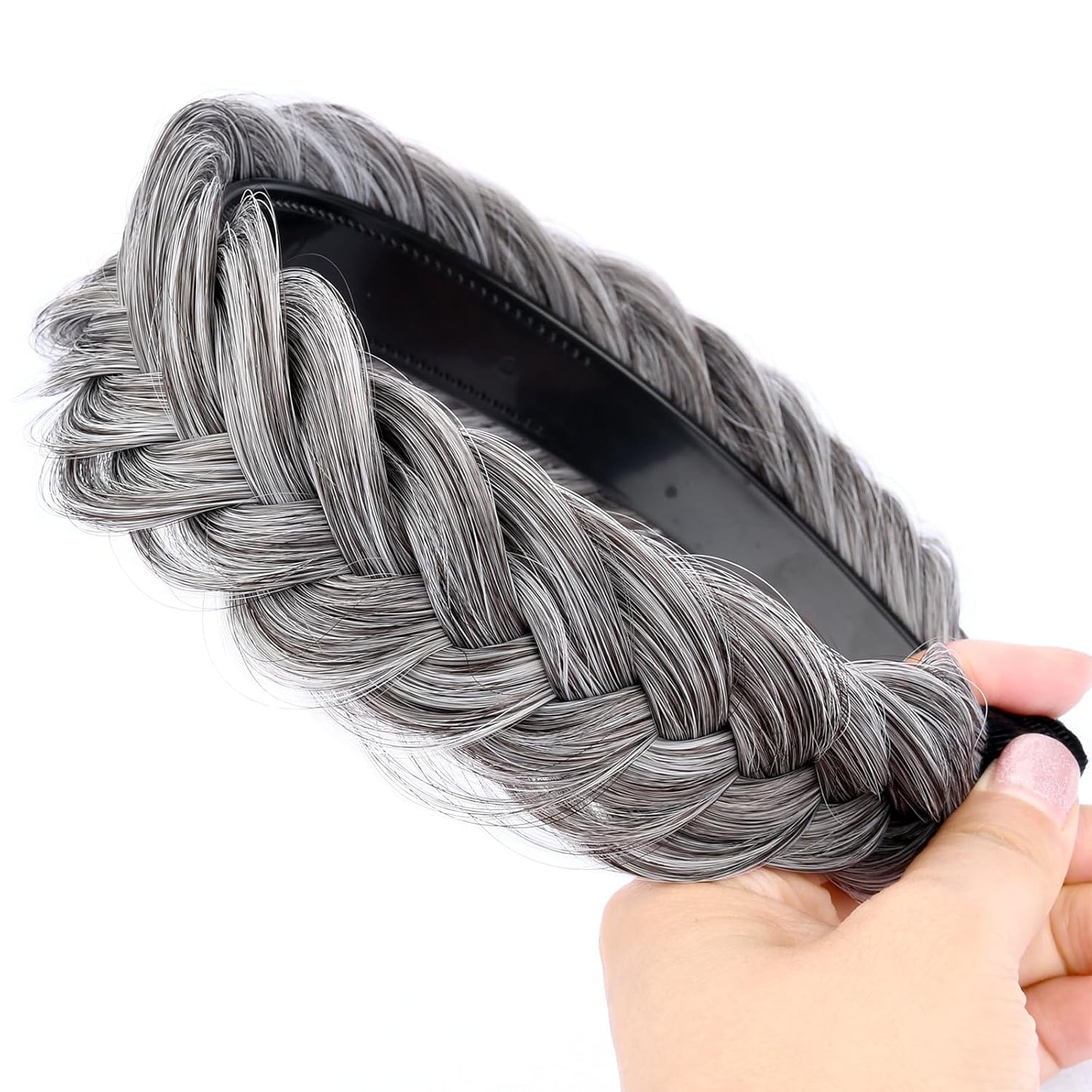 DIGUAN Wide Messy Braided Headband With Teeth Synthetic Hair Plaited Headband High Elasticity Braids Chunky Fishtail Braided Hair Band Hairpiece for Girls Women Beauty Accessory (Salt Pepper)