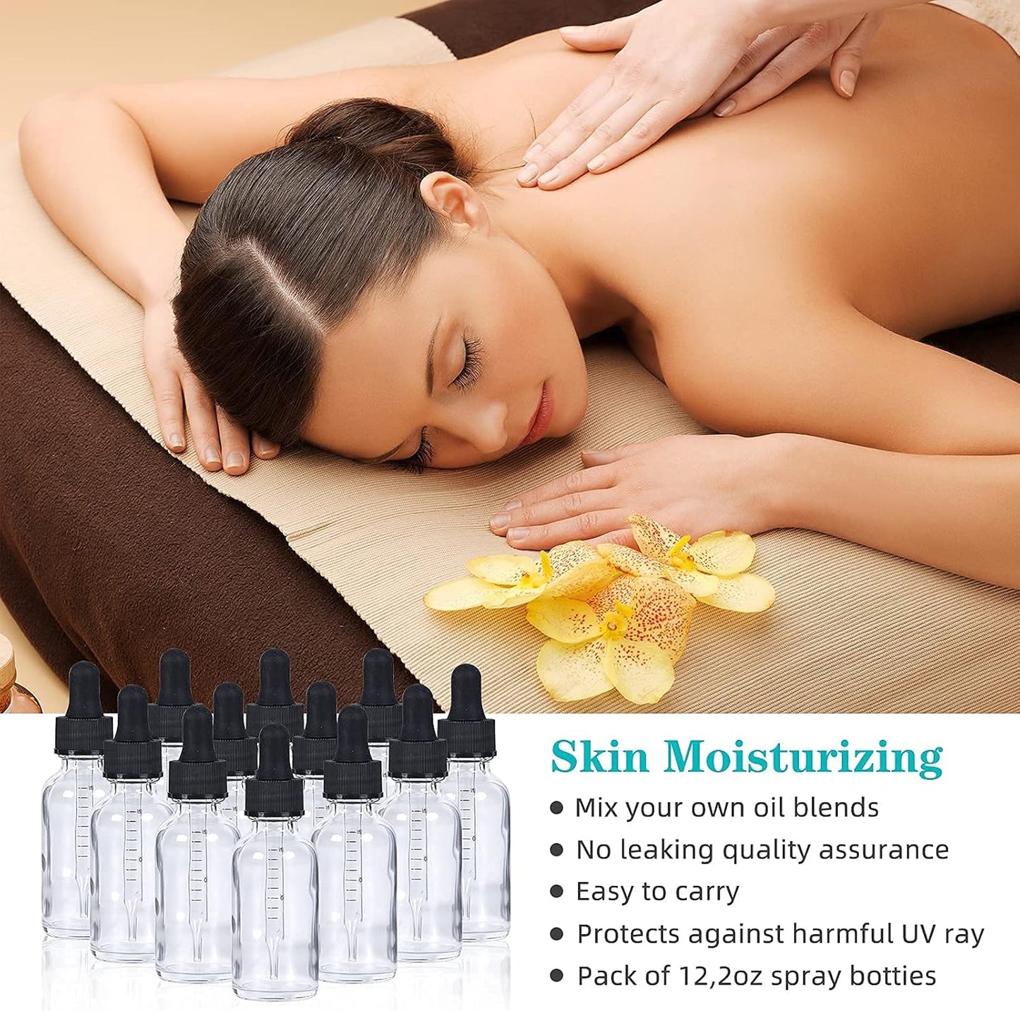 2 oz Dropper Bottle 12 Pack Clear Glass Boston Bottles 60ml with Eye Droppers Black Caps for Essential Oils, Perfume, Leak Proof Travel Bottles for Liquids