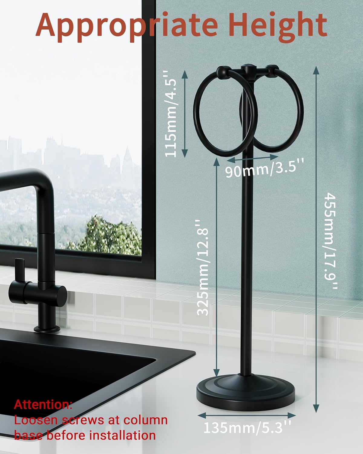 Hand Towel Holder Stand, SUS304 Stainless Steel Weighted Hand Towel Stand for Bathroom Kitchen Countertop Towel Stand with Double Stand Hand Towel Ring Total Height 18"(Matte Black)