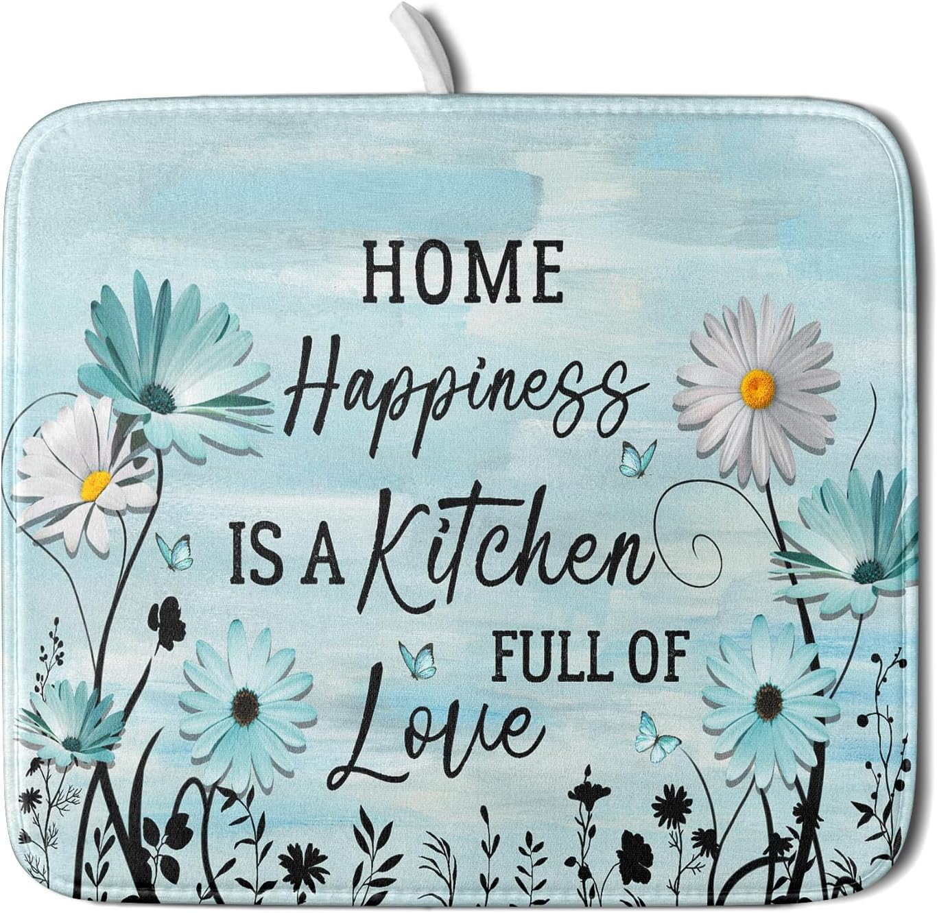 Blue Daisy Dish Drying Mat 16x18 Inch Love Kitchen Absorbent Microfiber Washable Fast Drying Pad Dishes Rack Mat for Kitchen Counter