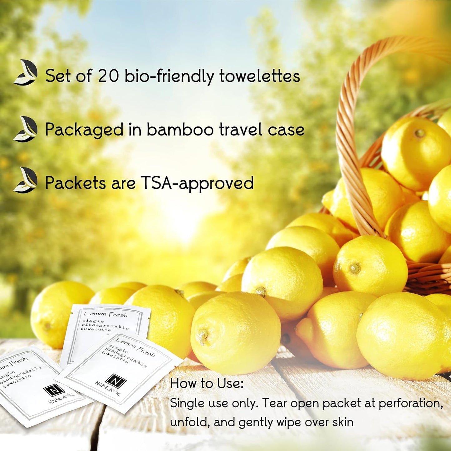Lemon Fresh Scented Moist Towelettes Single Use by Nabila K - Alcohol-Free, Plant-Based with Natural Ingredients - Individually Wrapped Disposable Travel Size Wipes with Bamboo Case - 20 Count