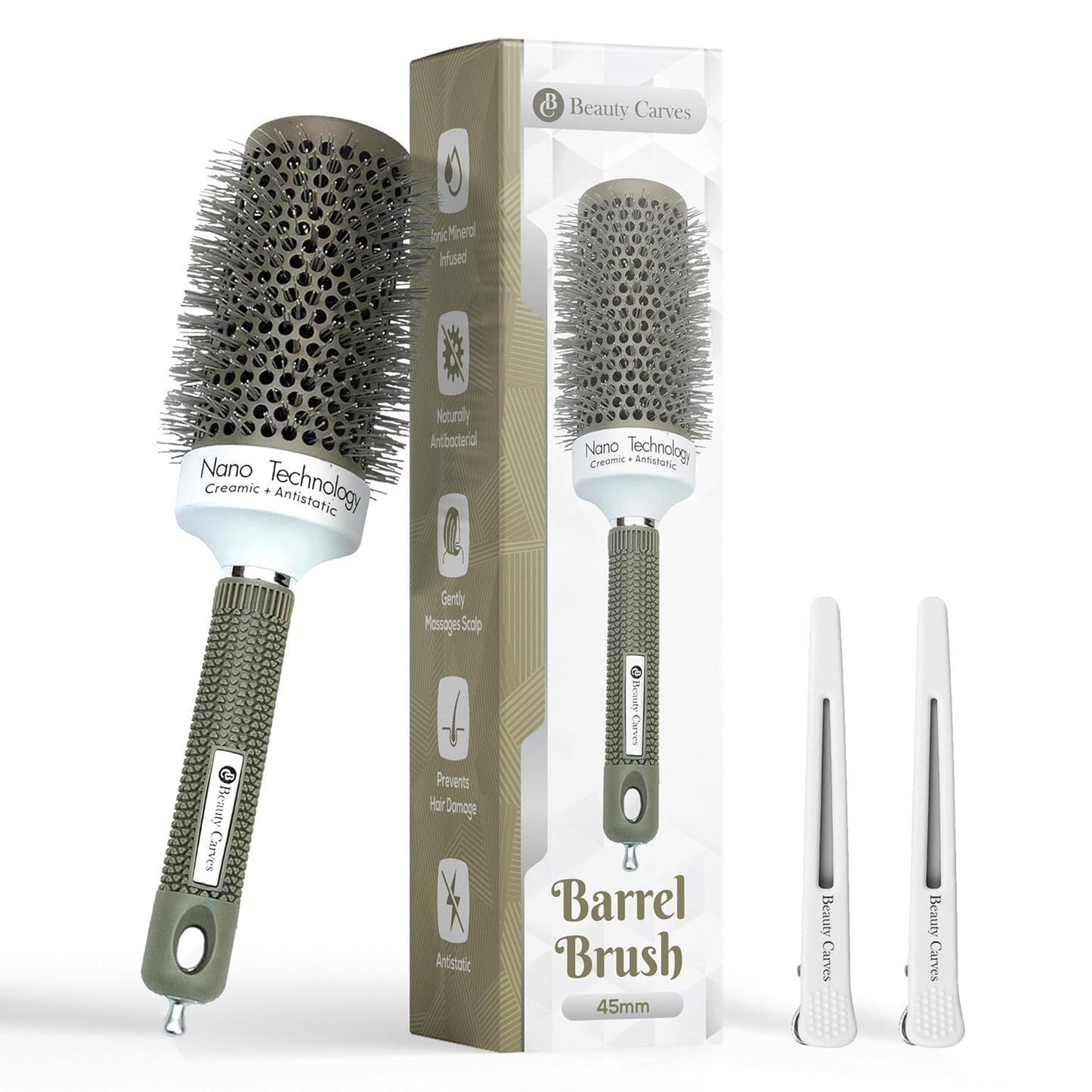 Round Brush, 45 mm/1.7 Inch Barrel with 2 Clips – Round Hair Brush with Flexible Nylon 66 Bristles Nano Ionic Heat Resistant Tech for Professional Curling, Styling & Shining Texture