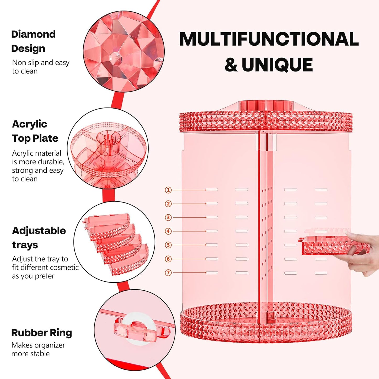 360 Degree Rotating Makeup Organizer, Extra Large Capacity Perfume Holder, Removable 7 Layers Cosmetics Organizer, Make Up Organizer For Countertop Storage Skincare or More (Pink)