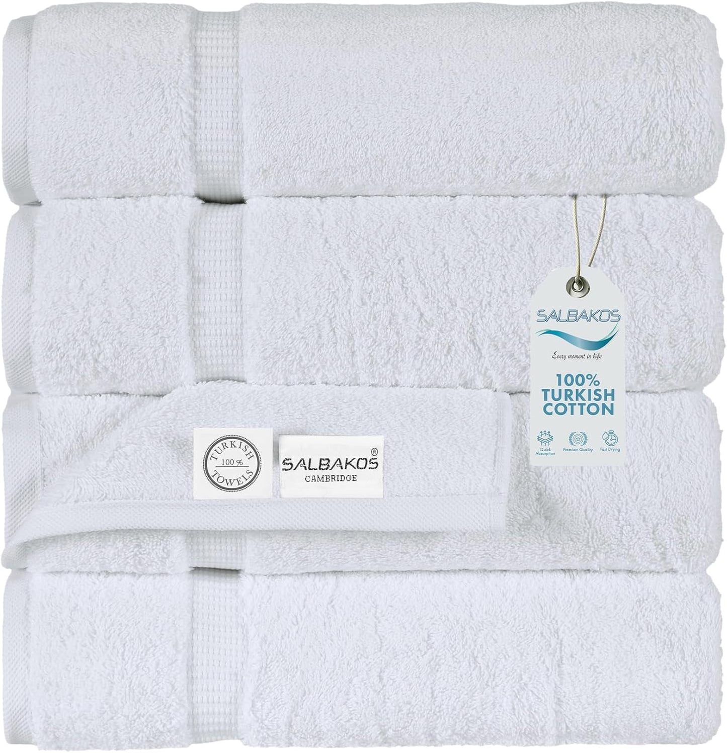 SALBAKOS 100% Turkish Cotton Bath Towel Set of 4 27x54 inch | Heirloom Quality | Hotel & Spa Collection | Ultra Soft, Super Absorbent, Long Lasting Bath Towels | Made in Turkey (White, 4 Bath Towels)