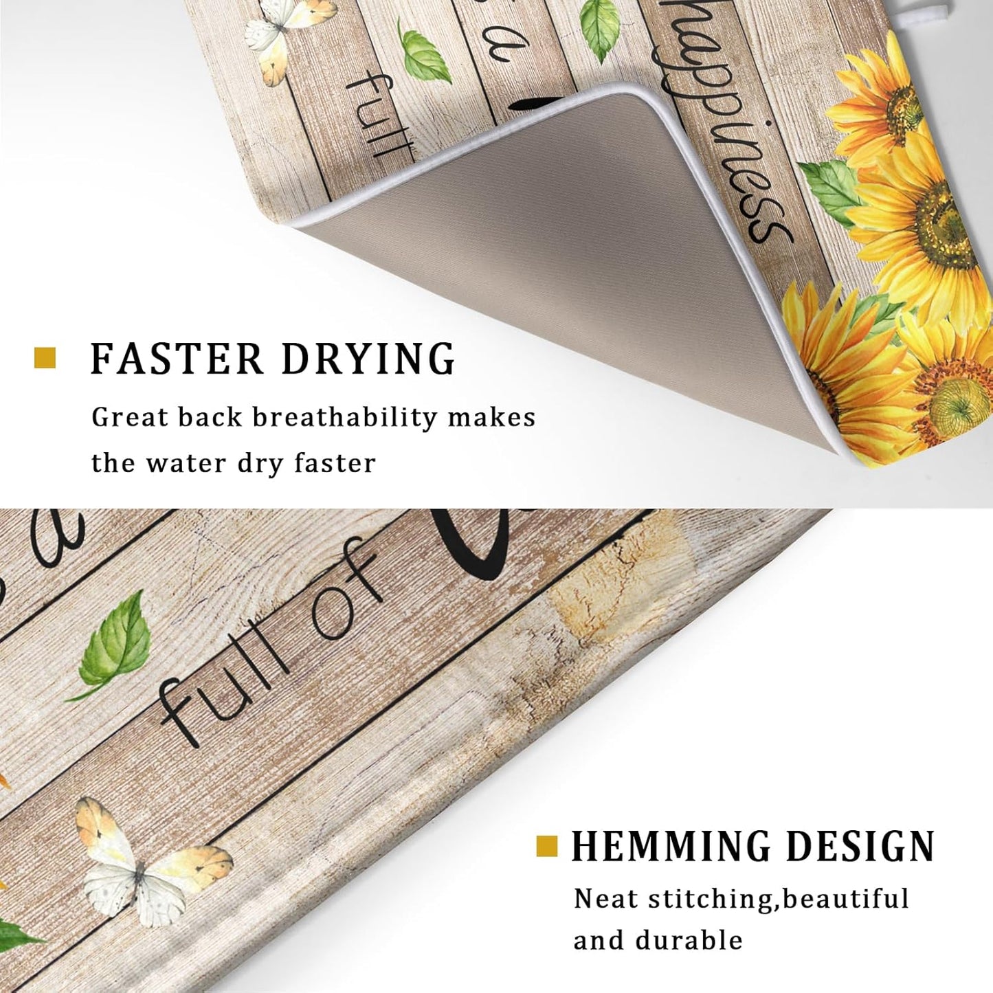 Sunflower Floral Dish Drying Mat for Kitchen Countertop 18x24 inch Rustic Wood Washable Microfiber Absorbent Dishes Drainer Rack Pad