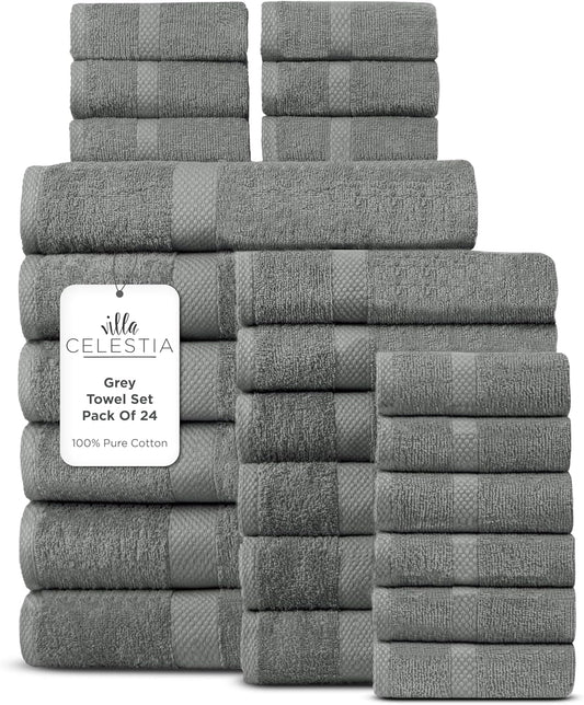 100% Cotton Bath Towel Set of 24-6 Bath Towels, 6 Hand Towels, 12 Wash Cloths, Sustainable, Soft, Highly Absorbent, Combed Cotton 24 Piece Set for Hotels, Spa, Bathroom, Dorm, Grey