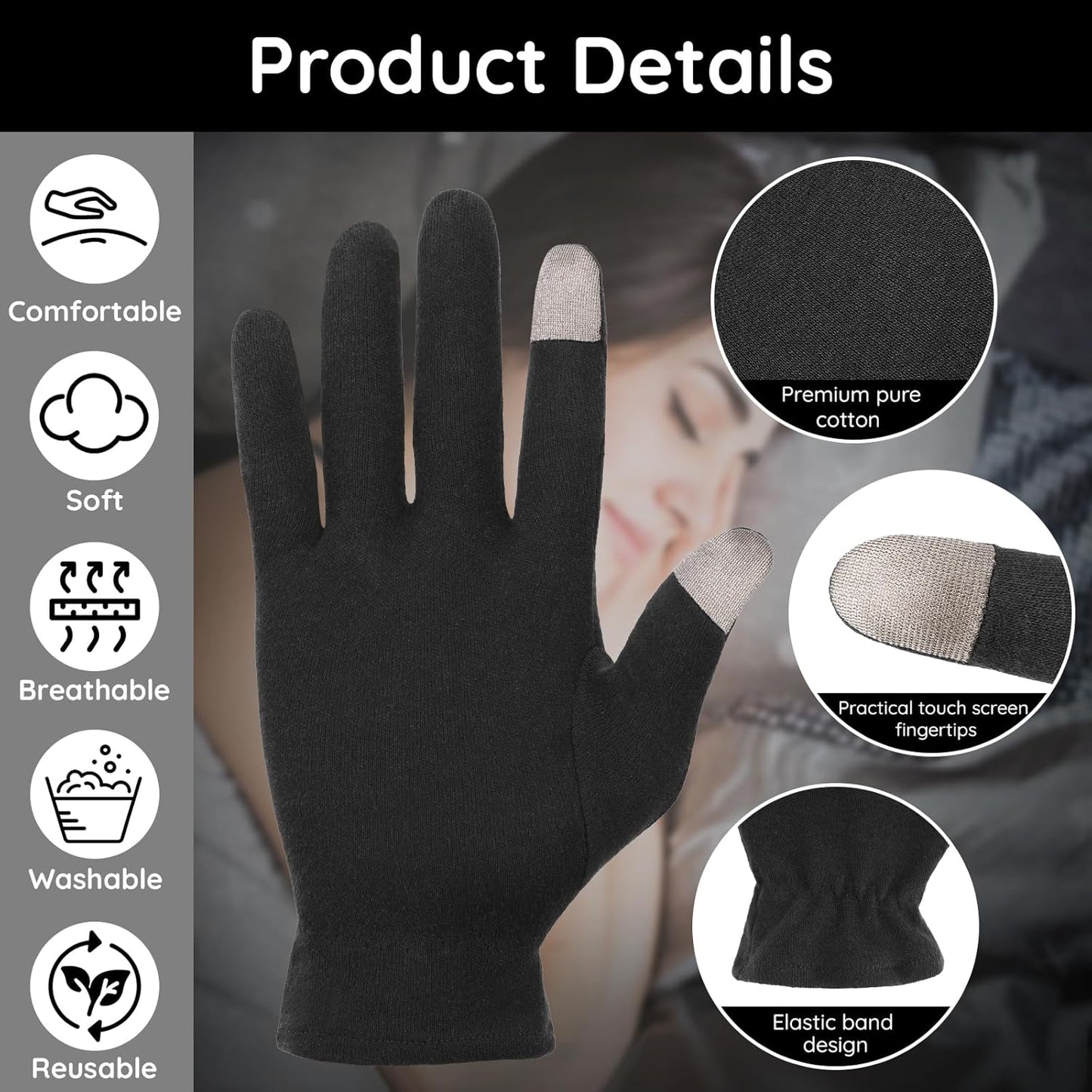 Segbeauty 8 Counts Black Cotton Gloves Touchscreen for Women and Men, 4 Pairs Hand Moisturizer Gloves with Elastic Band, Soft Sleeping Glove for Dry Hands Overnight, Spa Lotion Cotton Glove Liners