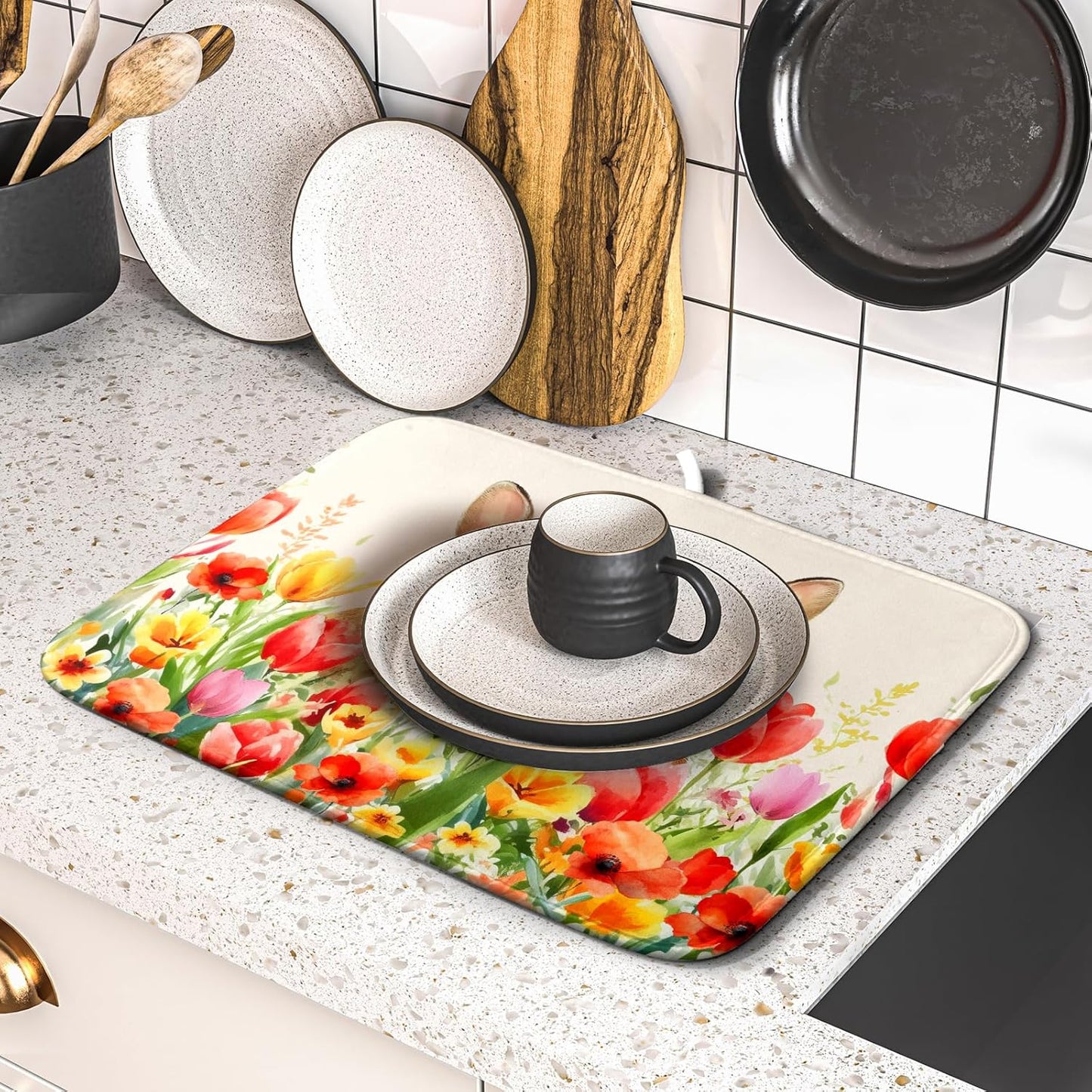 Easter Bunny Dish Drying Mat 16x18 inch Spring Floral Drying Pad Holiday Absorbent Microfiber Dishes Drainer Protector for Kitchen Counter